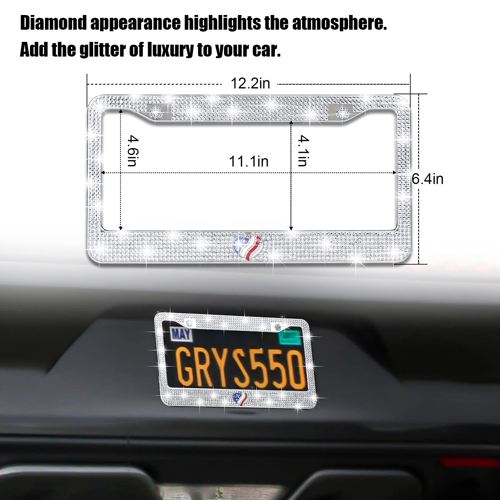 Sparkly Rhinestone Bling License Plate Frames for Women - 2PCs Heart-Shaped Bedazzled Car Plate Covers with Gift Box (USA Design) | Perfect for Car Decoration, Birthday Gifts & Customizing Your Vehicle