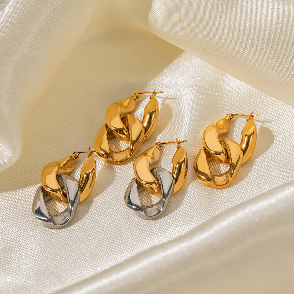 18K Gold Duo Tone Chain Hoop Earrings for Women - Classic Elegant Jewelry Gift for Birthday, Anniversary & Special Occasions | JDE684