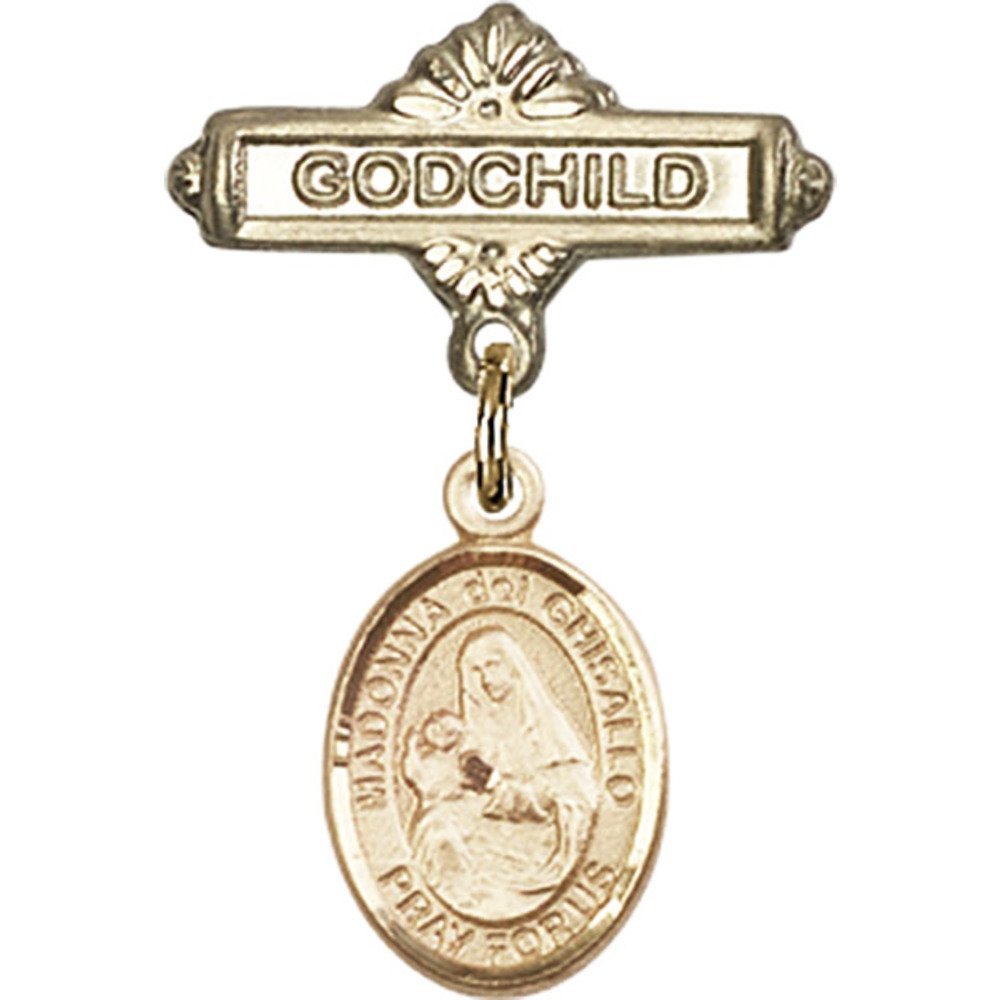 Gold Filled Baby Badge with St. Madonna Del Ghisallo Charm - Godchild Gift Pin (1 X 5/8 inches) - Perfect for Baptism, Christening & First Communion Gifts