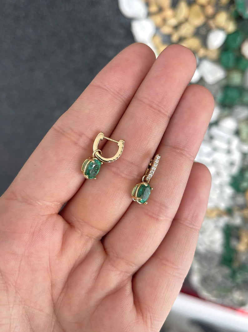 2.0tcw Oval Cut Emerald and Diamond Dangle Earrings in 14K Gold - Elegant Green Gemstone Jewelry for Women, Perfect for Weddings, Parties & Special Occasions