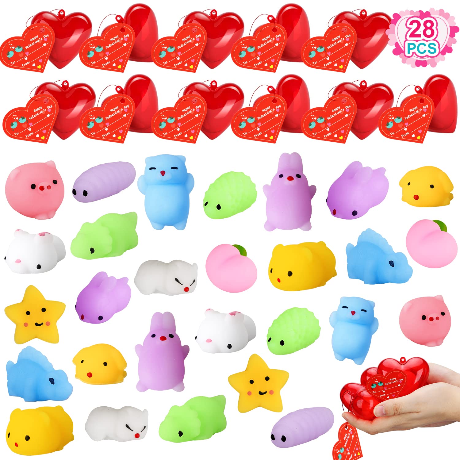 TOY Life 28pcs Mochi Squishy Toys Set - Kawaii Stress Relief Fidget Toys with Filled Hearts & Birthday Cards - Perfect Birthday Gifts for Kids, Classroom Prizes, Party Favors for Girls & Boys - Great for Sensory Play, Anxiety Relief and Party Decorations