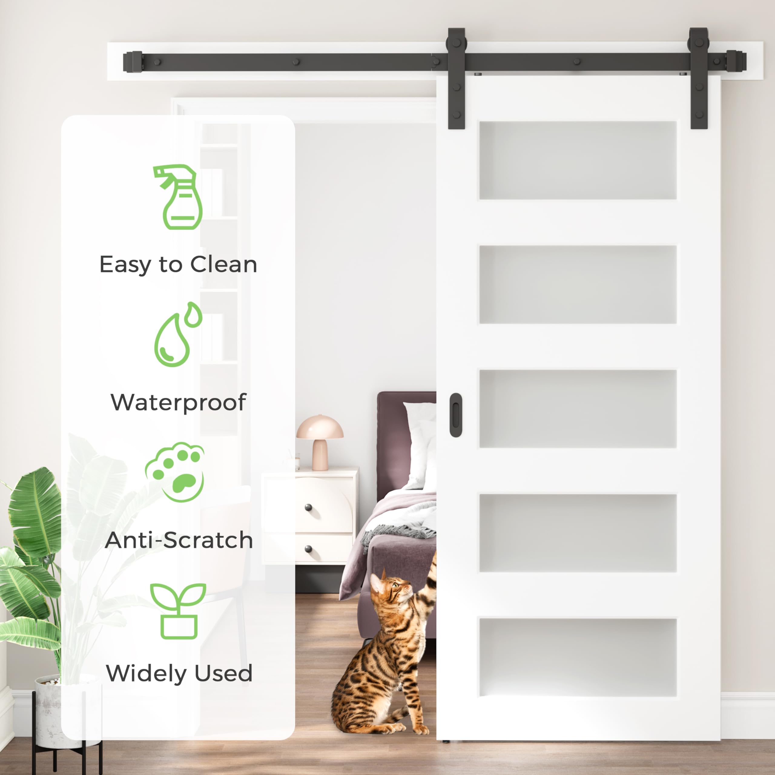 DELAVIN 36 x 84 Inch Frosted Glass Sliding Barn Door with 6.6FT Hardware Kit - 5 Panel Waterproof PVC Coating, Double-Sided Interior Handles - Perfect for Bedroom, Bathroom & Closet Privacy (White)