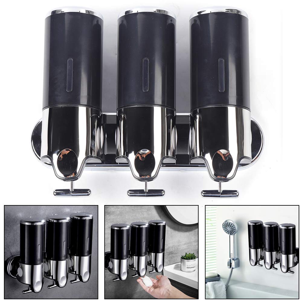 3x500ml Black Wall Mounted Soap Dispenser - Commercial & Home Bathroom Liquid Soap & Hand Sanitizer Pump - Durable Plastic Design for Kitchen, Restroom, Salon, and Office Use