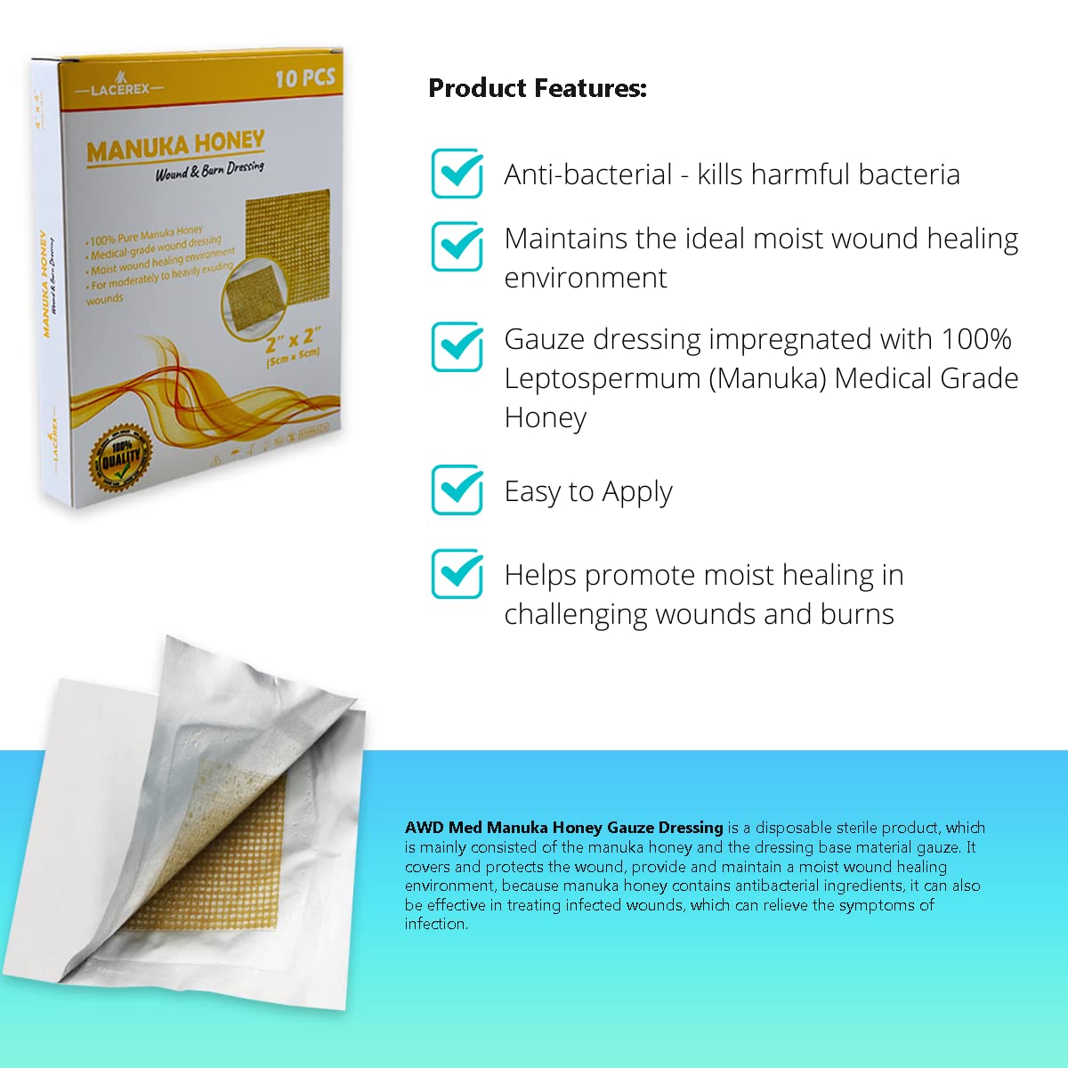 Manuka Honey Gauze Dressing - Medical Grade Wound Care Patches (10 Pack) for First Aid & Burns