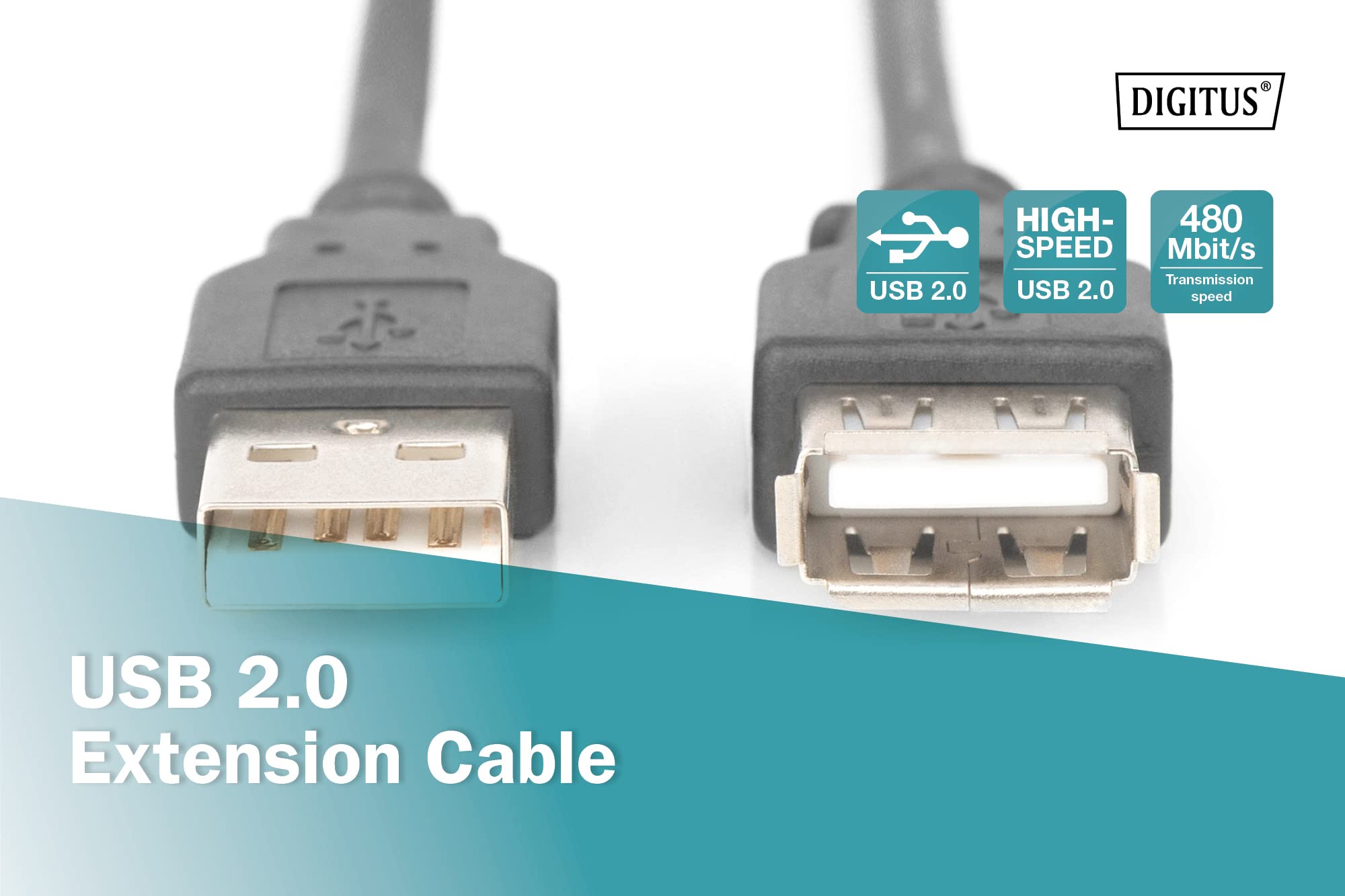 DIGITUS USB 2.0 Extension Cable - 1.8m (6ft) Male to Female High-Speed 480Mbps Data Transfer - Black USB Connection Cable for PC, Laptop, Printer & Home Office Use