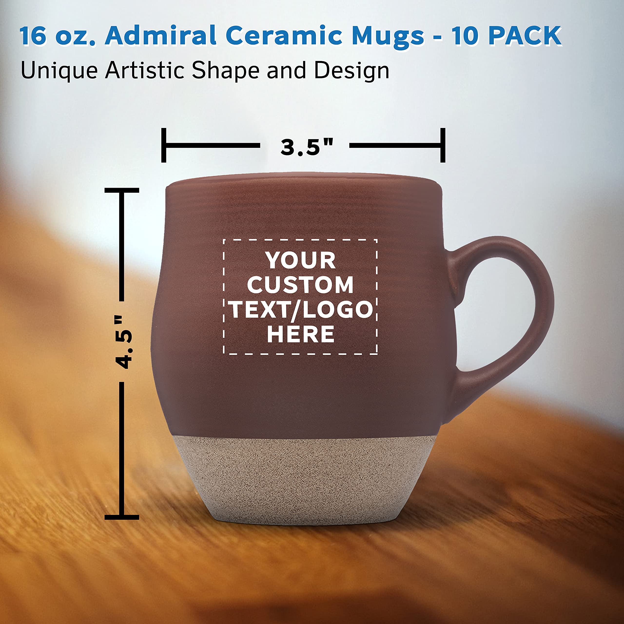 10-Pack Admiral Ceramic Coffee Mugs 16oz - Customizable Text & Logo - Premium Stoneware Drinkware with C-Handle - Brown - Perfect for Office, Home, Gifts & Cafes