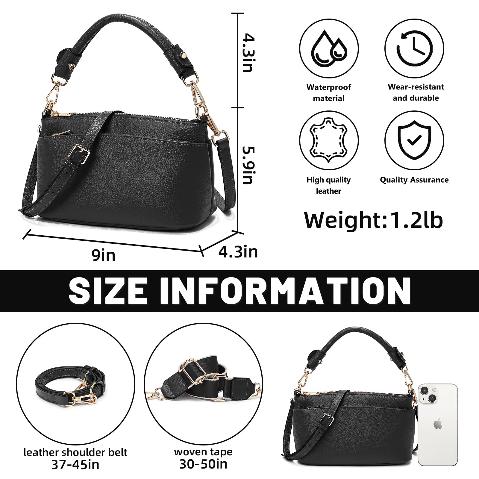 Women's Cow Leather Crossbody Bag with 3 Straps - Perfect for Daily Use & Travel