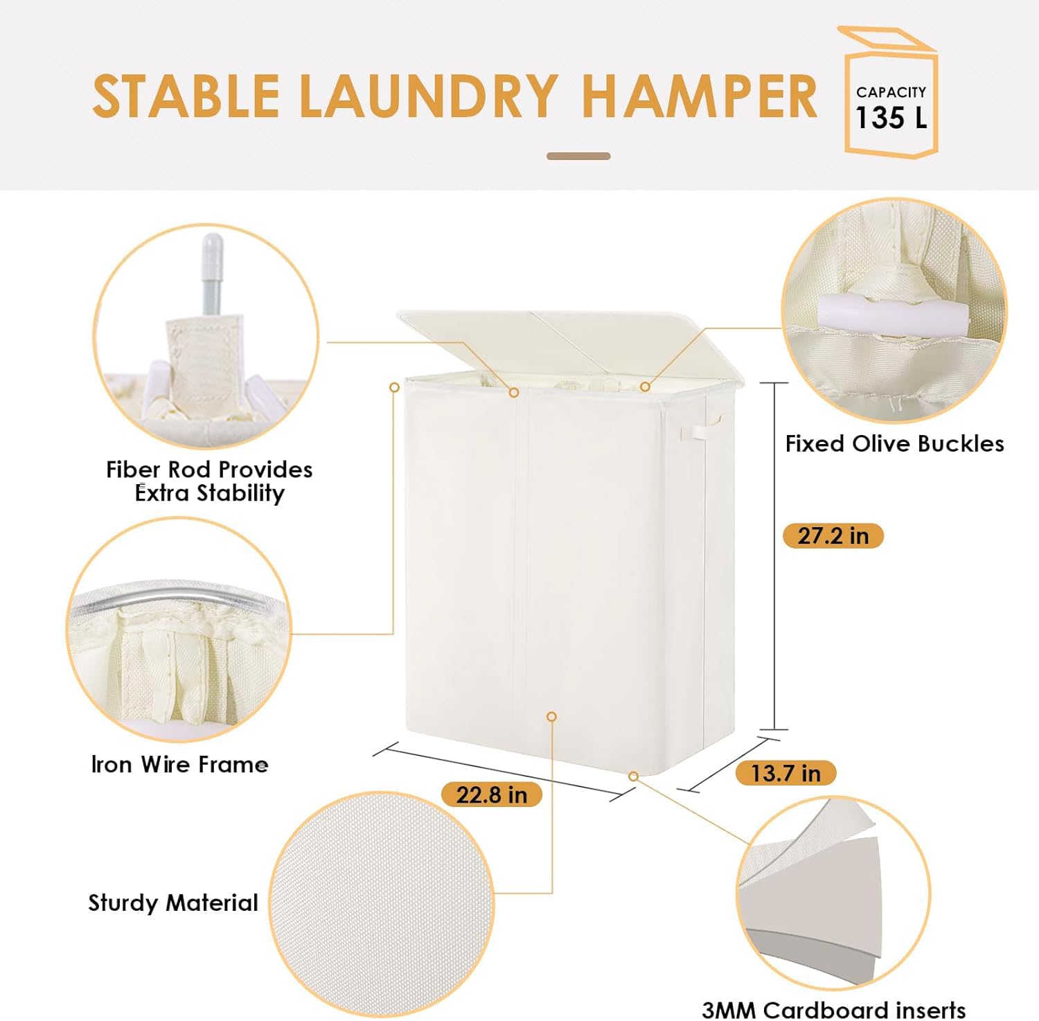 135L Double Laundry Hamper with Lid & Removable Bags - 2 Section Laundry Basket with Labels for Clothes Separation - Large Beige Laundry Organizer for Bedroom, Laundry Room & Dorm - Perfect for Family Laundry Sorting & Space Saving Storage