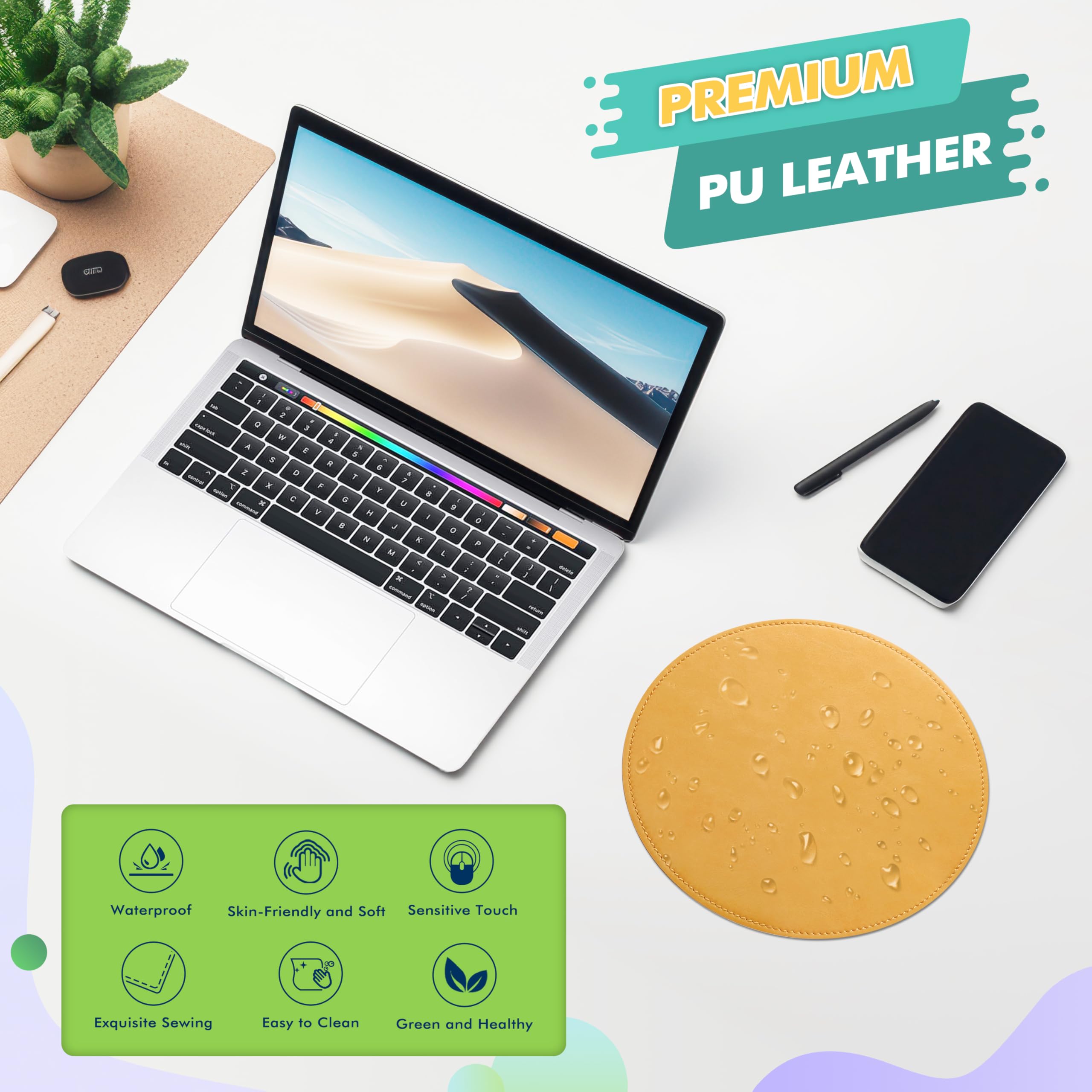 Premium Round PU Leather Mouse Pad with Stitched Edge & Non-Slip Micro-Fiber Base - Waterproof Desk Mat for Computer, Laptop, Office & Gaming - 9 x 9 Inch (Light Yellow) - Perfect for Work, Home & Professional Workspaces