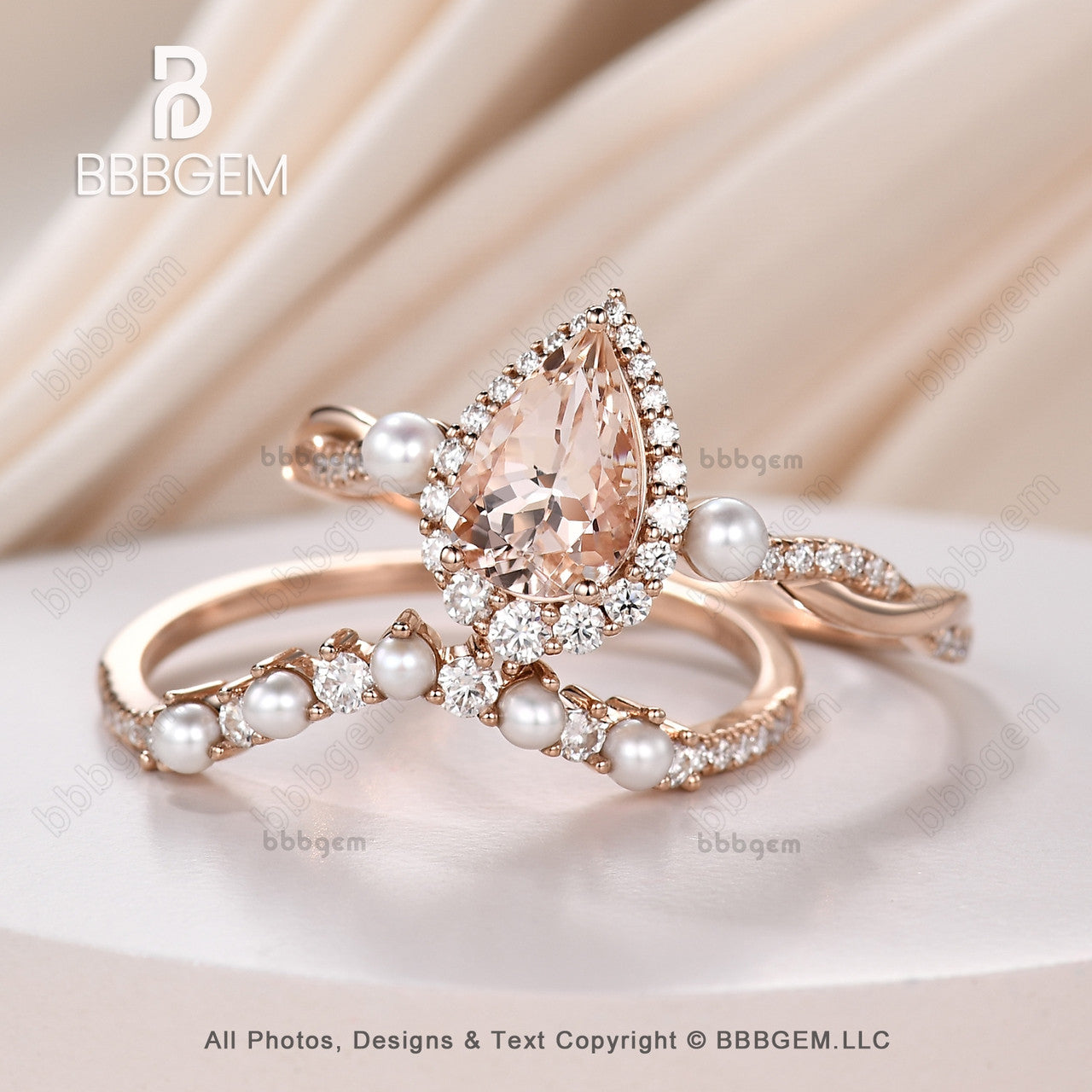 Vintage Pear Cut Natural Morganite & Pearl Three Stone Engagement Ring Set in 14k Rose Gold – Perfect for Weddings, Anniversaries, and Romantic Gifts
