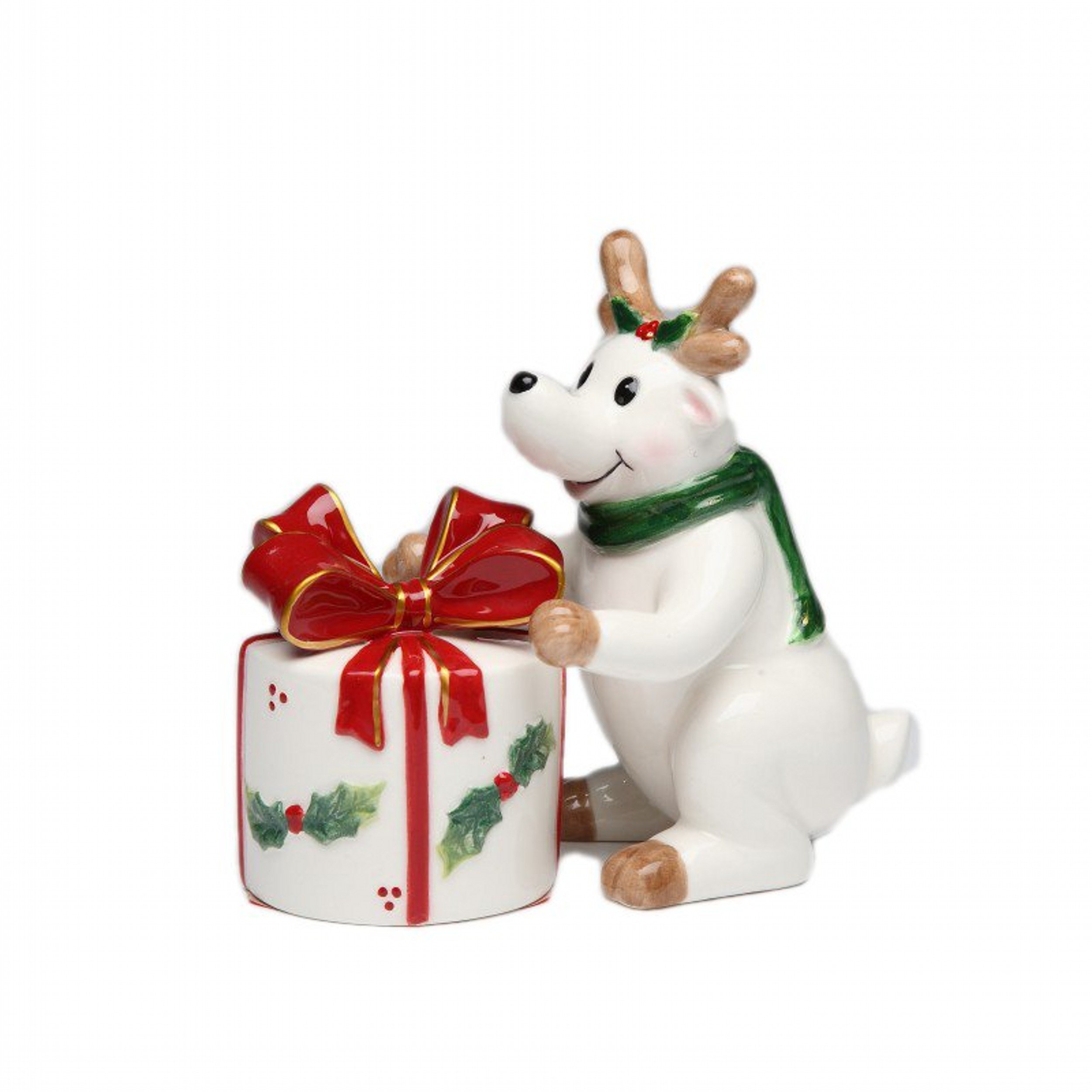 CG 10464 White Reindeer with Large Present Salt and Pepper Shaker Set - Perfect for Christmas Dinner Table Decor & Holiday Gift Giving