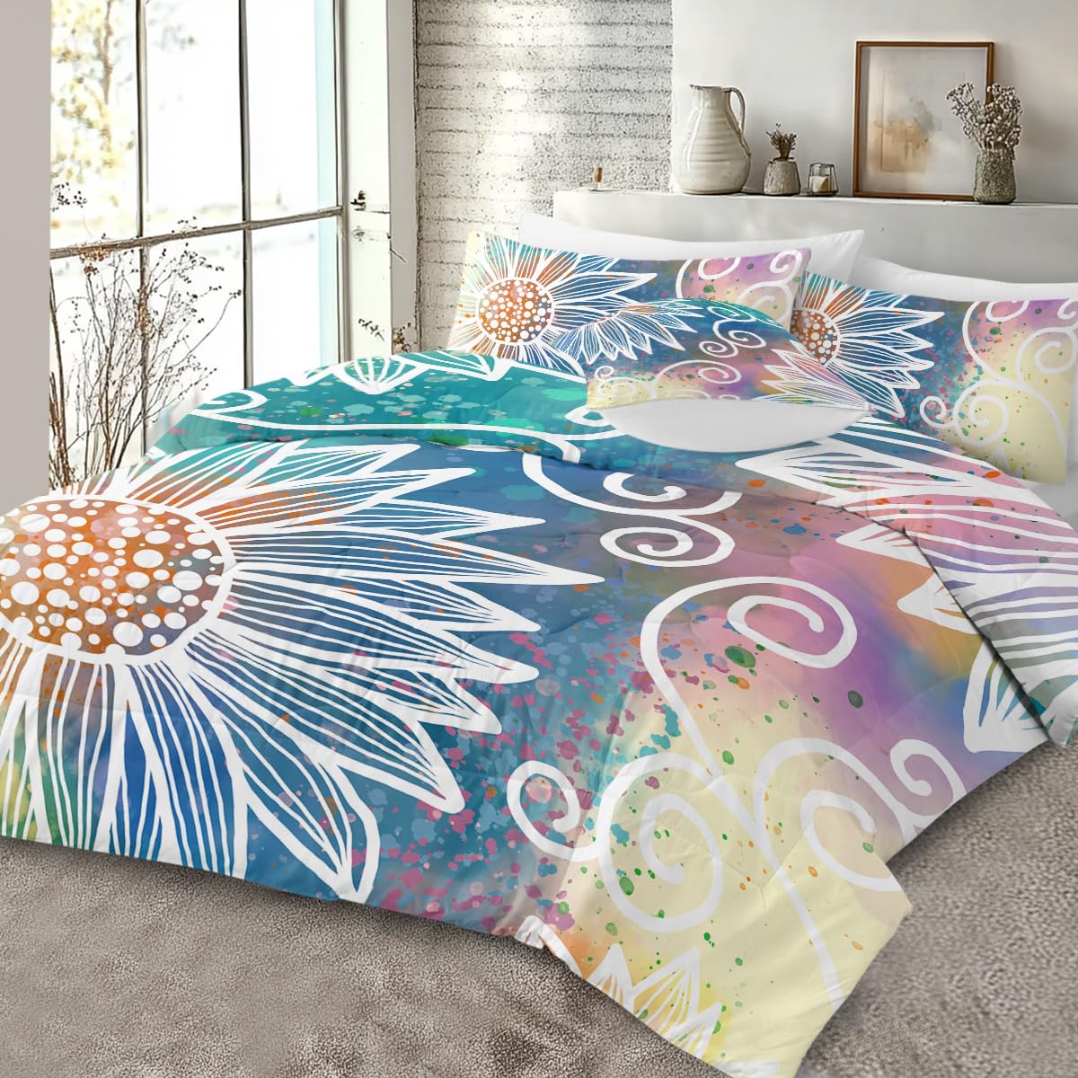 Sleepwish Boho Mandala Floral Queen Comforter Set - Turquoise Teal Blue Bohemian Geometric Lightweight Quilt | 4-Piece Ethnic Bedspread for Master Bedroom, Guest Room & Bohemian Home Decor