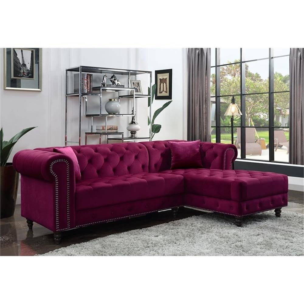 Velvet Tufted Sectional Sofa with Pillows - Red for Living Room