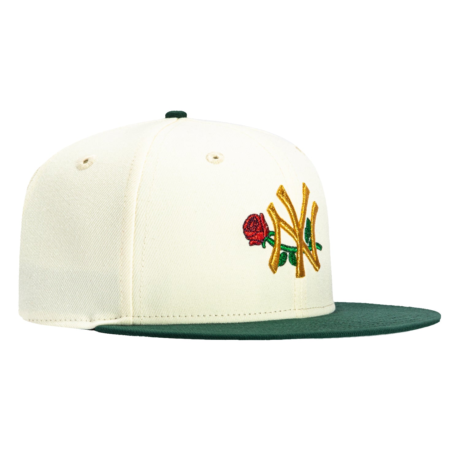 New Era 59Fifty New York Yankees Rose Embroidered Baseball Cap - White & Green Adjustable Snapback Hat for Men & Women | Perfect for Baseball Games, Streetwear Fashion & Gift Giving