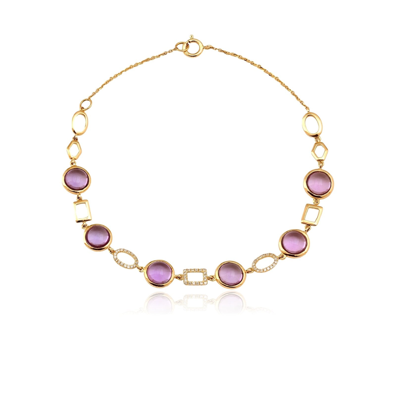 14K Solid Yellow Gold Amethyst & Geometric Diamond Link Bracelet for Women - Elegant Jewelry Gift for Birthday, Anniversary & Special Occasions
