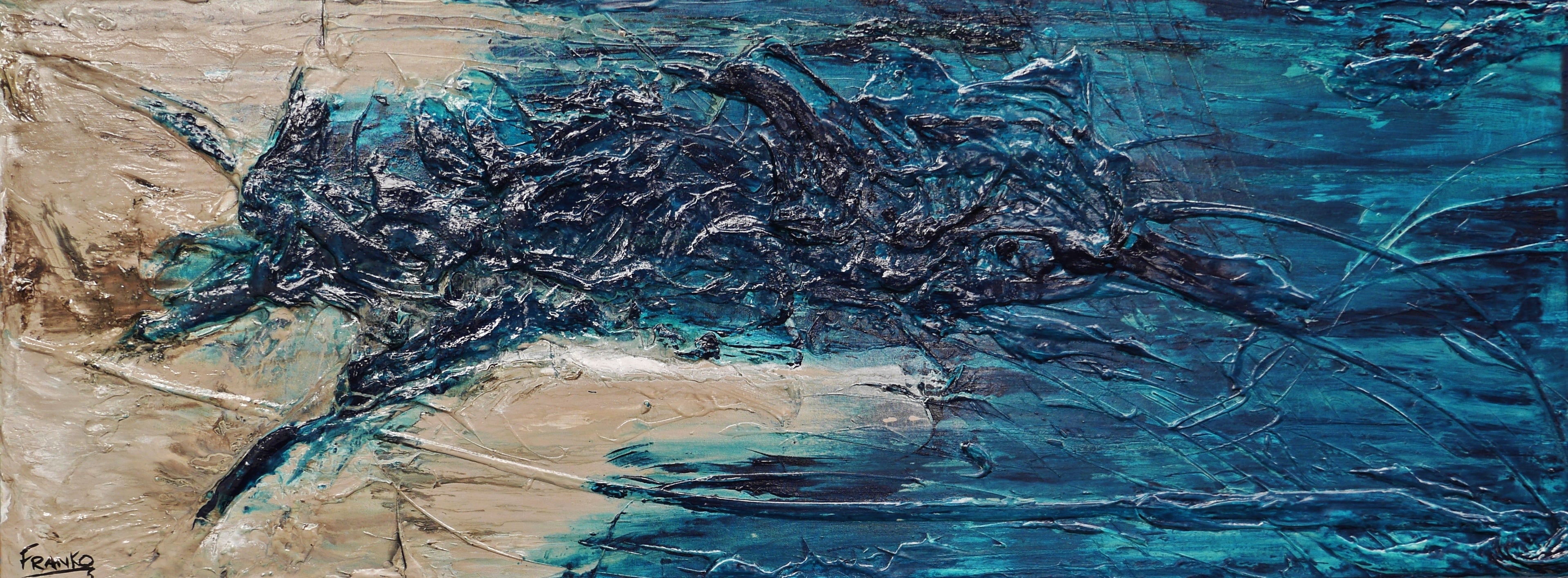 160cm x 60cm Cream Teal Abstract Textured Canvas Painting - Modern Coastal Wall Art for Living Room, Bedroom & Office Decor