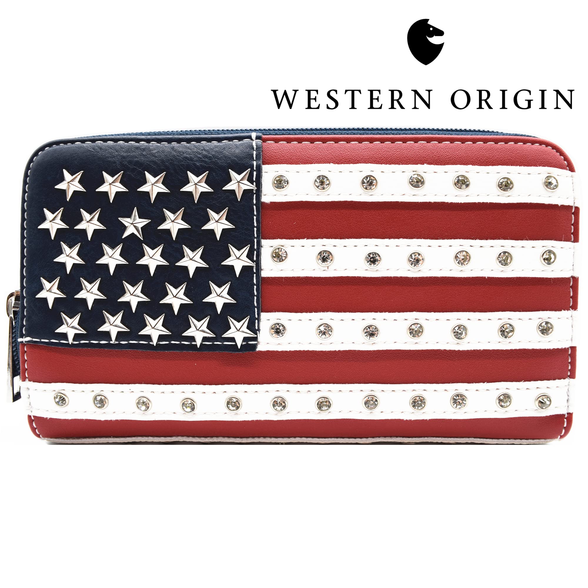 Western Origin American Flag USA Patriotic Purse - Women's Stars & Stripes Shoulder Bag with Studs & Crossbody Wallet in Blue | Perfect for 4th of July, Patriotic Events & Everyday Use