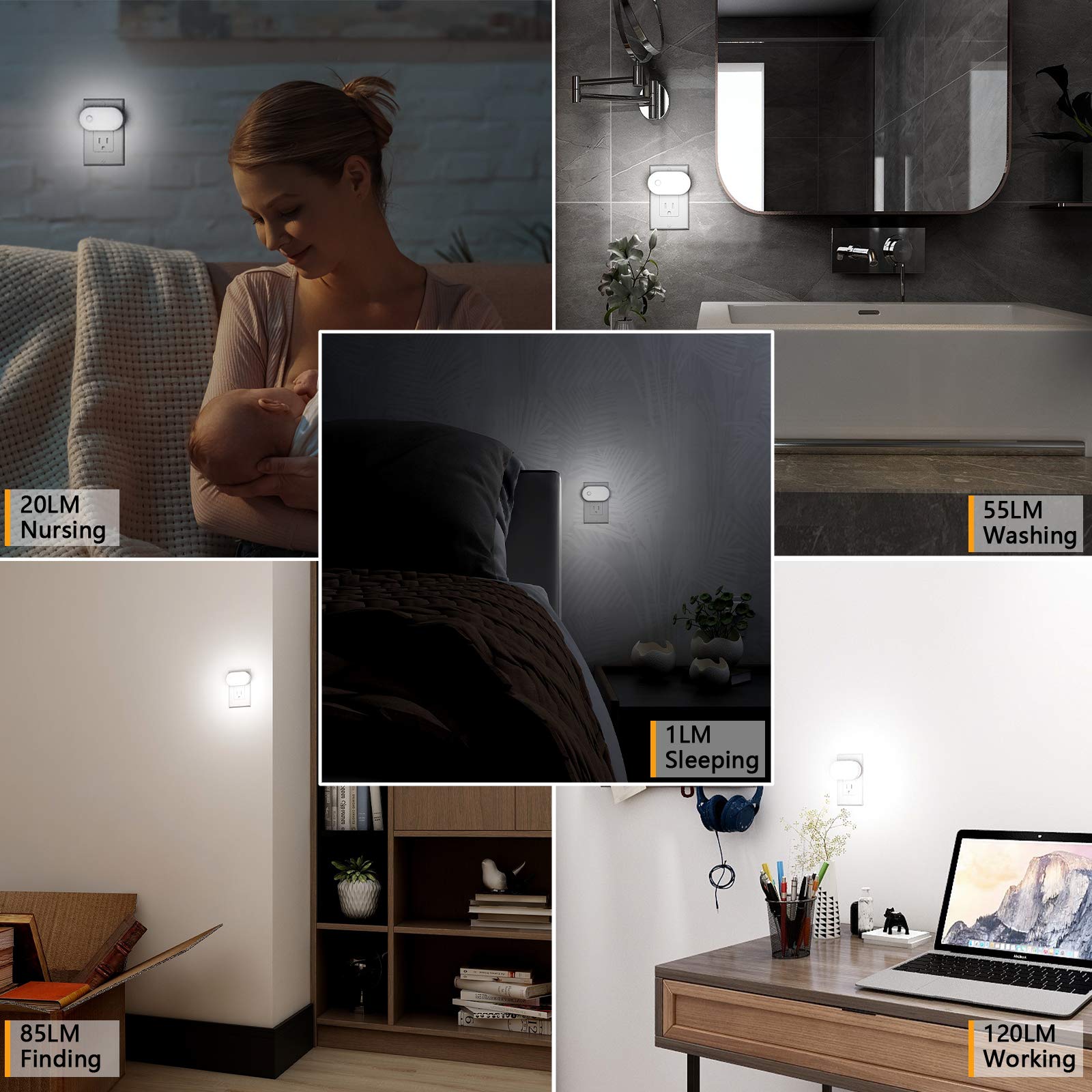 Lyridz Motion Sensor Night Light Plug in - Super Bright LED Nightlight (1-120LM) with Adjustable Brightness, Smart Cold White Light for Bedroom, Kitchen, Stairs, Hallway - 2 Pack - Perfect for Safe Nighttime Navigation and Energy-Efficient Home Lighting