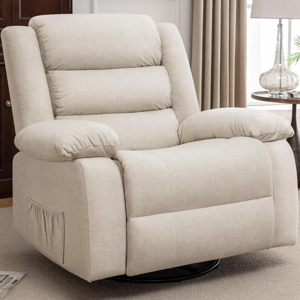 Premium Recliner Rocking Chair with Massage & Heat - 360° Swivel Oversized Adult Rocker, Soft Cashmere Upholstery, Beige Living Room Reclining Sofa - Perfect for Nursery, Home Theater & Relaxation Spaces