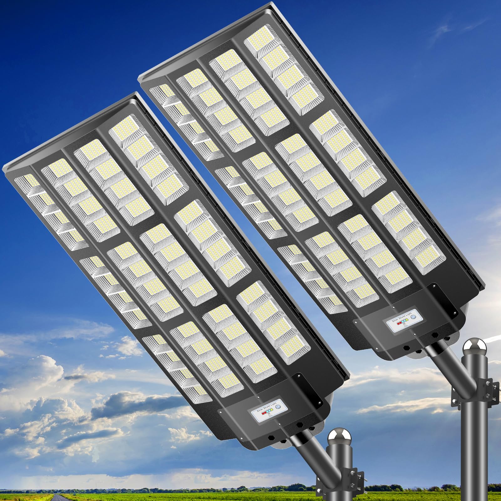 9000W Solar Street Lights Outdoor - Commercial Solar Parking Lot Lights with Motion Sensor & Remote Control, IP66 Waterproof, Wide Angle Dusk to Dawn Lighting (2 Pack) - Perfect for Driveways, Pathways, Yards, and Large Outdoor Areas