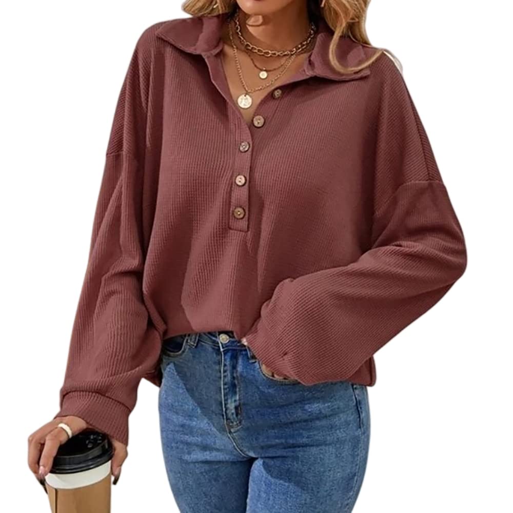 Mayntop Women's Pullover Sweater - Waffle Knit, Solid Color, Half Button, Batwing Sleeve, Turndown Collar, Loose Fit - Casual Wear, Office Outfits, Fall & Winter Fashion