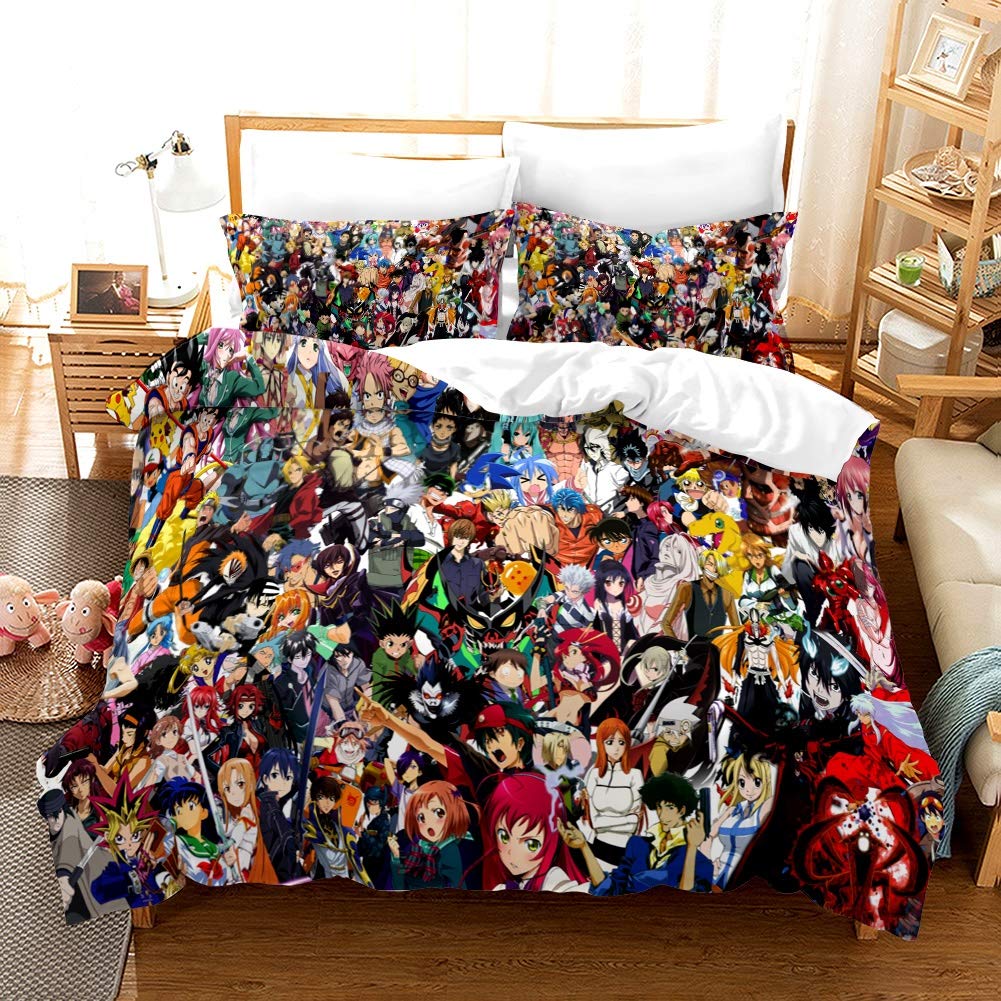3D Printed Anime Duvet Cover Set - Japanese Anime Characters 3 Piece Bedding (1 Quilt Cover + 2 Pillowcases) for Teens & Kids Room - Perfect for Anime Fans, Otaku Decor & Home Styling