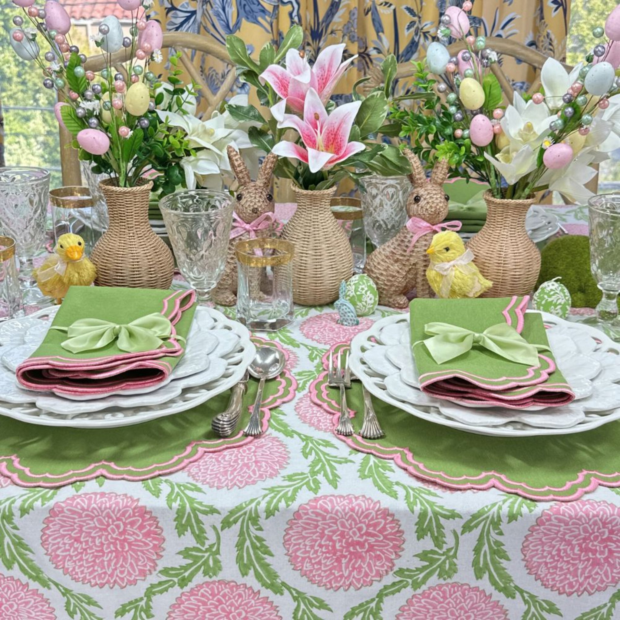 Bettina Placemat Set of 4 - Green & Pink Cotton Table Mats for Dining, Kitchen, and Party Decor | Waterproof & Heat Resistant