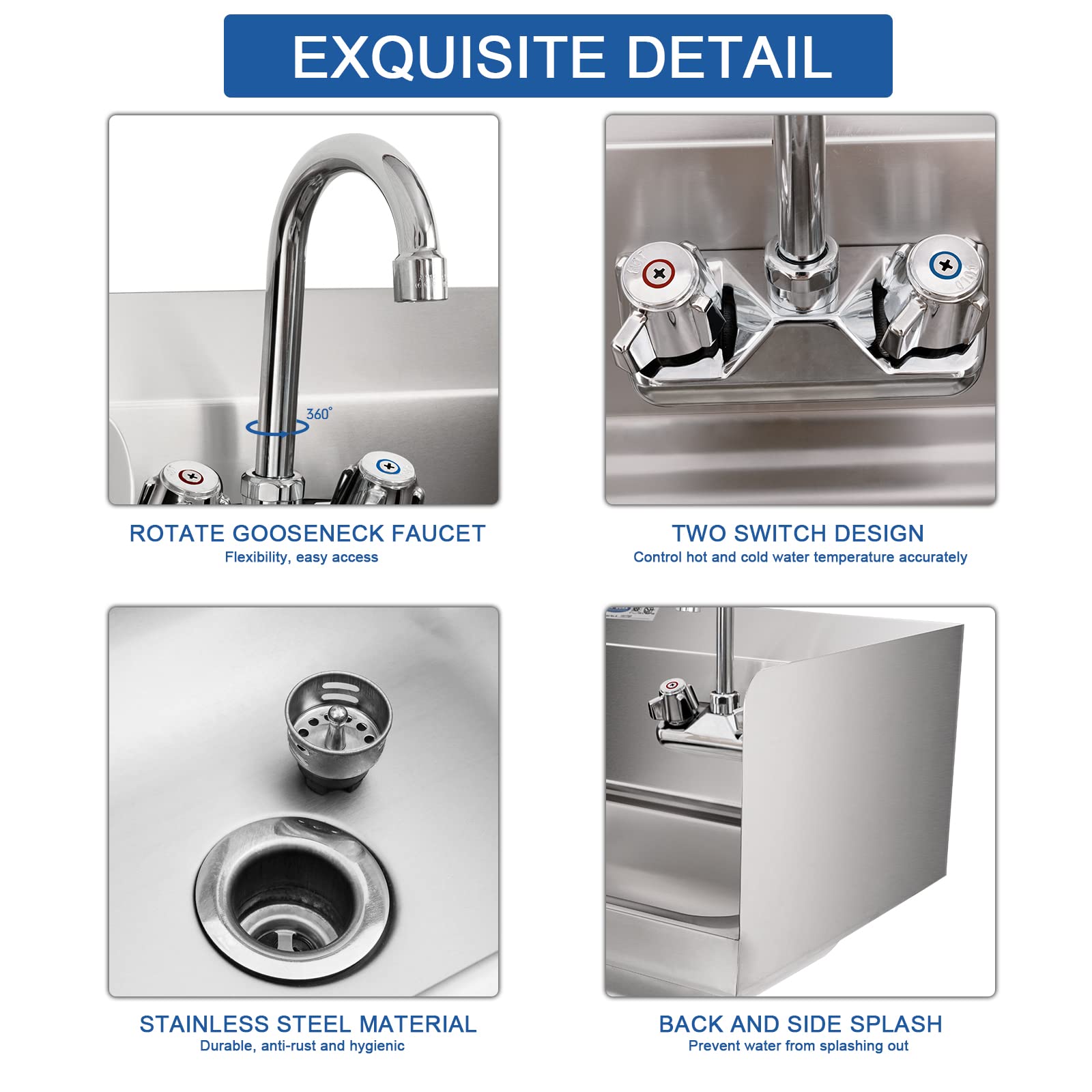 NSF Certified Stainless Steel Wall Mount Hand Washing Sink with Side Splash & Gooseneck Faucet - 17x15 Inches Commercial Kitchen Sink for Restaurants, Homes, Bars - Ideal for Food Prep Areas & Hygienic Hand Washing Stations