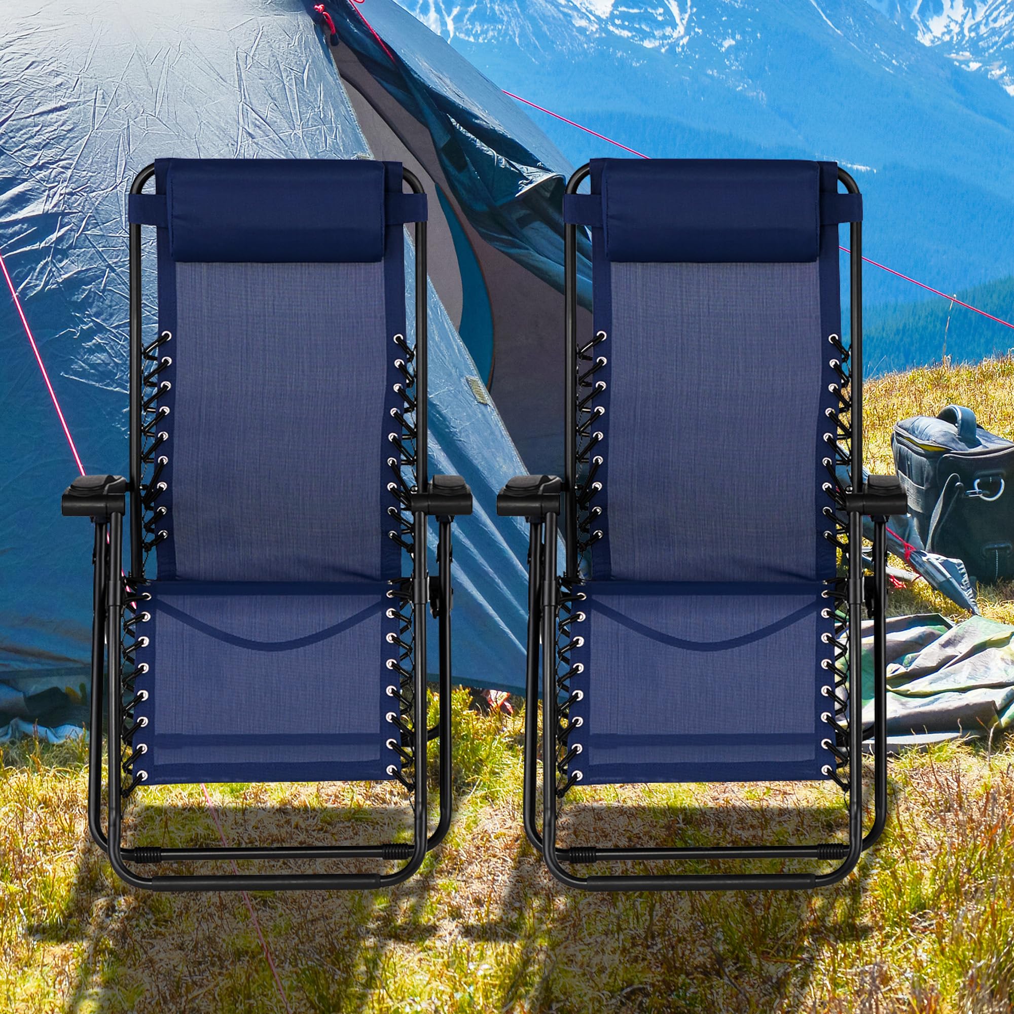 Zero Gravity Recliner Chair for Outdoor & Camping - Adjustable Headrest, Portable Folding Lawn Deck Patio Pool Lounge Chair for Adults (Blue, 2 Pack) - Perfect for Backyard Relaxation, Beach Trips & Poolside Lounging