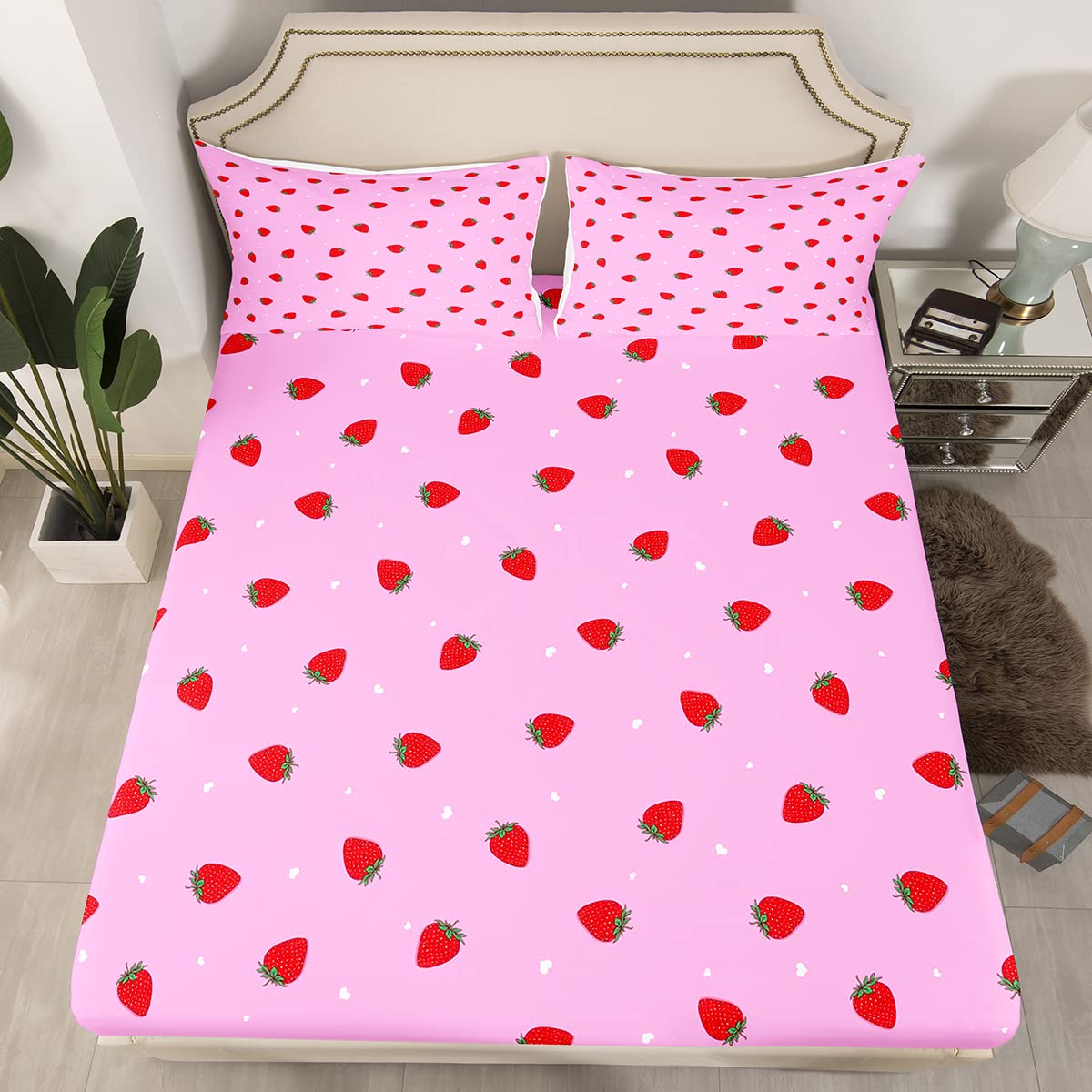 Strawberry Bedding Set - Kawaii Pink Fitted Sheet, Duvet Cover & Pillowcases for Full Size Bed | Cute Room Decor for Women, Girls & Kids | Perfect for Kawaii Themed Bedrooms, Sleepovers & Instagram-Worthy Room Makeovers