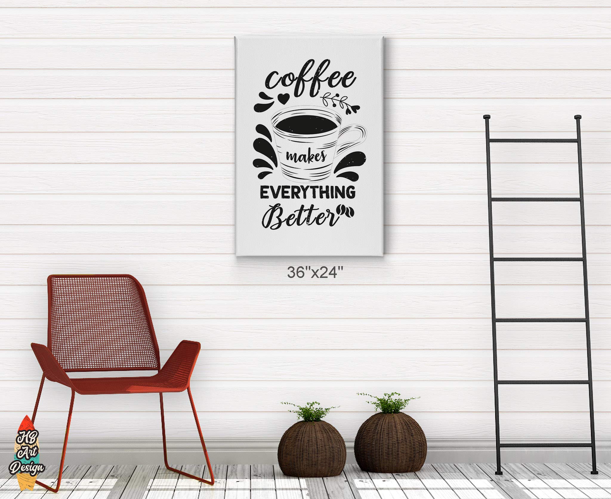 HB Art Design 'Coffee Makes Everything Better' Black Quote Canvas Print - 40x30 Inch Wall Art for Coffee Bar, Kitchen, Dining Room & Restaurant Decor - Perfect Gift for Coffee Lovers