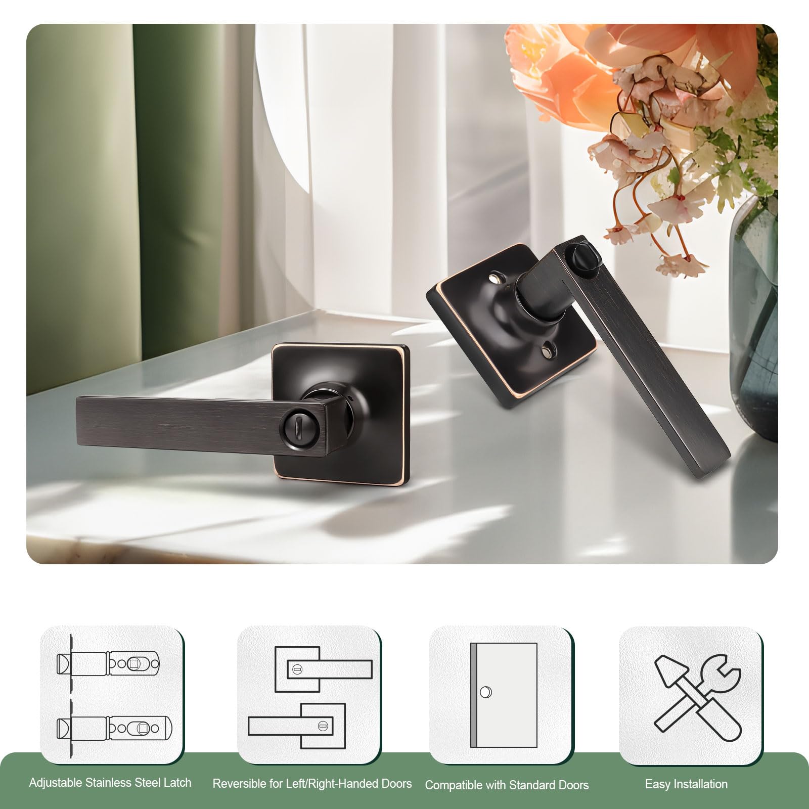 GOBEKOR 2 Pack Oil Rubbed Bronze Privacy Door Lever Handles with Lock - Modern Straight Keyless Entry for Bedroom, Bathroom & Interior Doors - Secure & Stylish Home Upgrade
