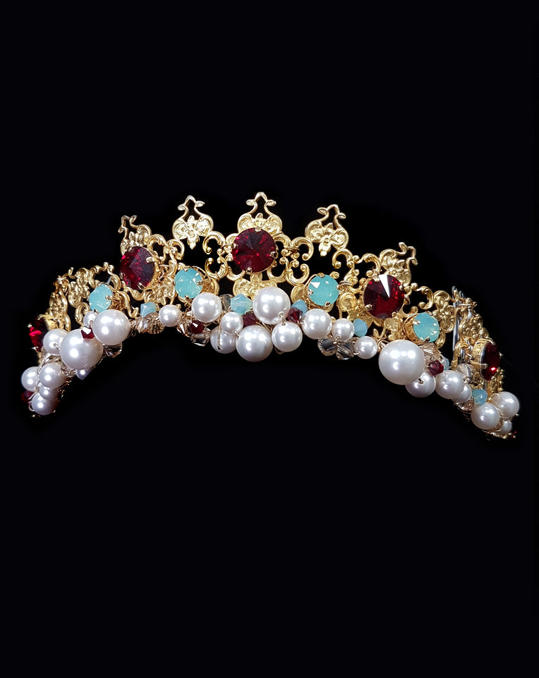 Exquisite Gold and Ruby Italian Princess Wedding Headpiece by Kezani – Perfect for Tuscany Weddings & Royal-Themed Events