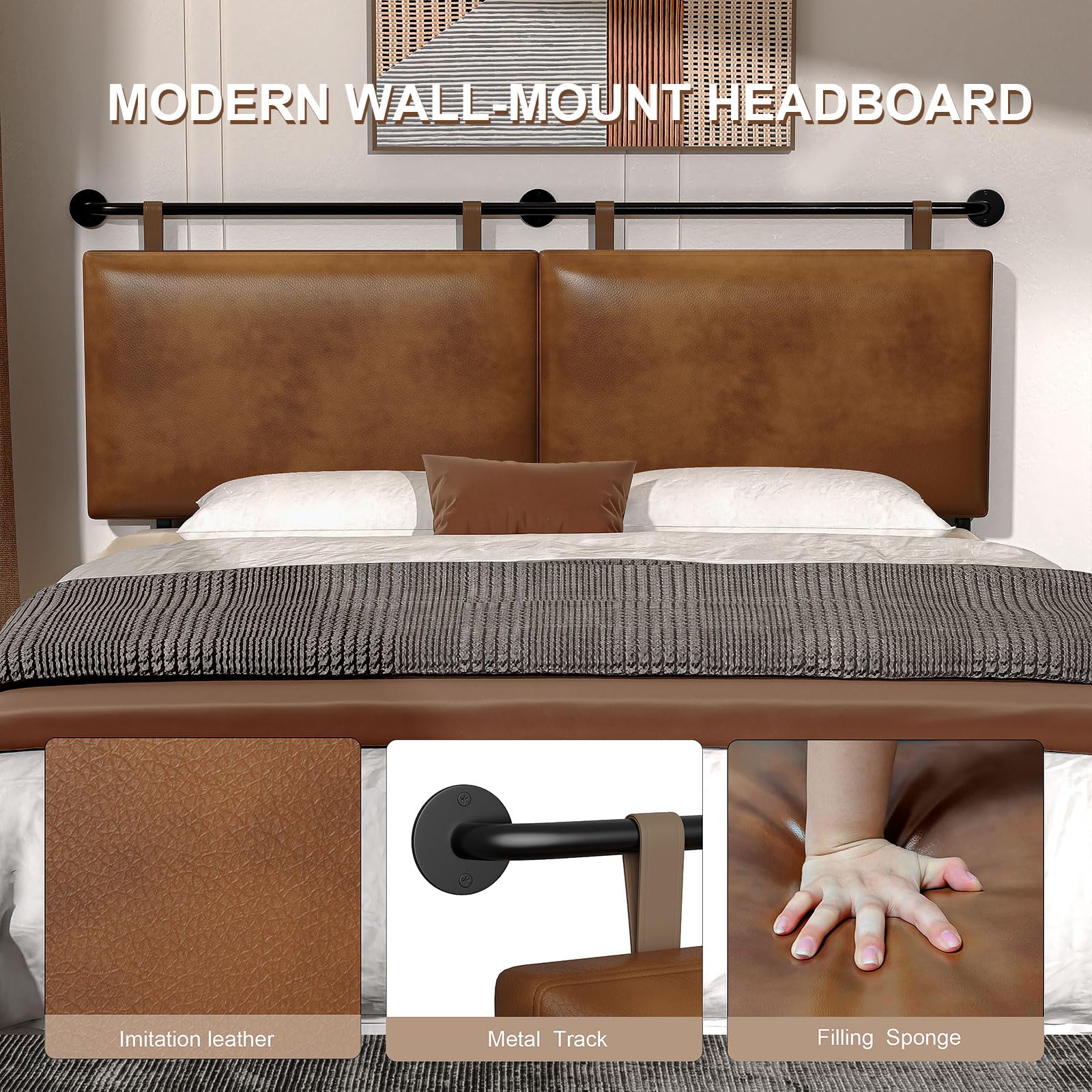 Industrial Pipe Queen Headboard - Brown Faux Leather Modern Bed Backboard | Space-Saving Hanging Design for Small Bedrooms & Studio Apartments