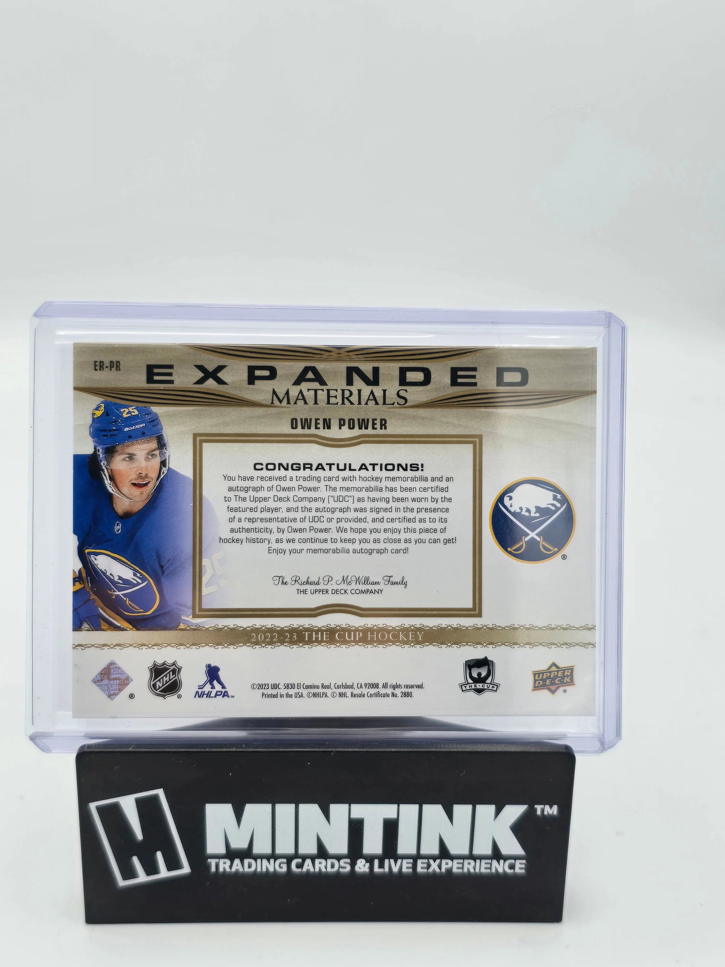2022-23 Upper Deck The Cup Hockey Owen Power Gold Foil Expanded Materials Autograph Card /49 - Perfect for NHL Collectors & Hockey Card Enthusiasts