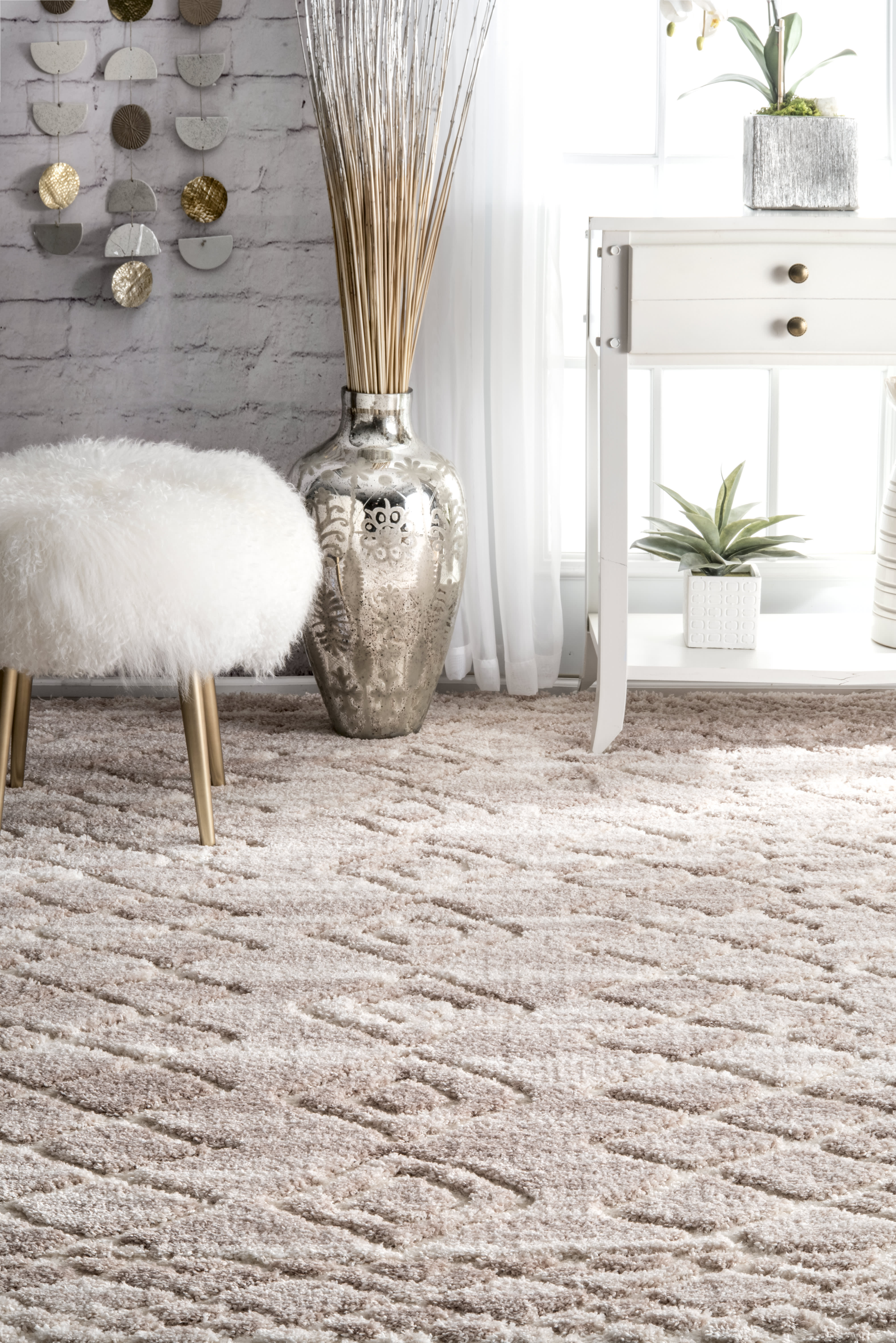 Handmade Moroccan Diamond Pattern Rug - Light Beige Bohemian Area Rug for Living Room, Bedroom & Home Decor