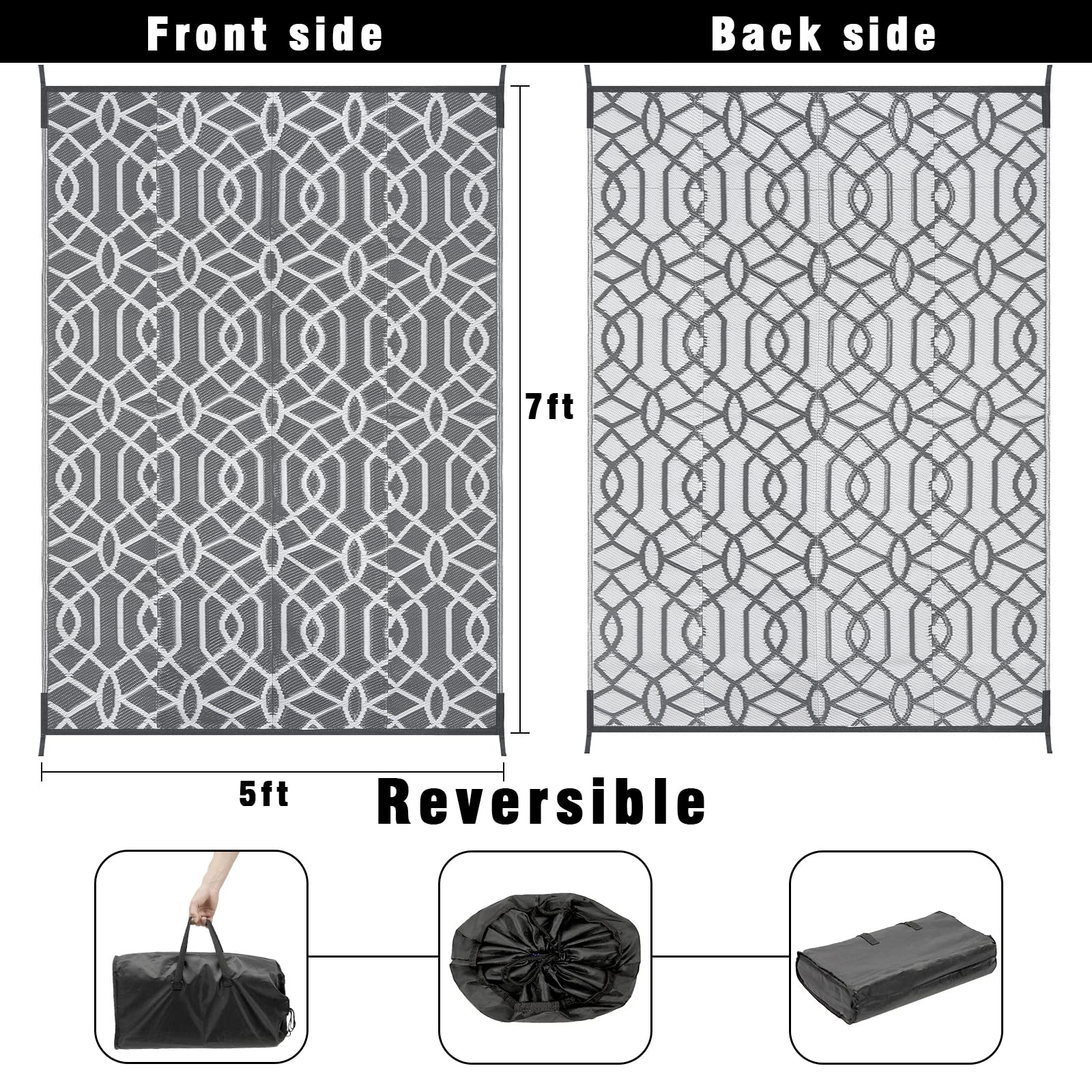 HEBE 5'x8' Waterproof Reversible Outdoor Rug - Geometric Pattern Plastic Patio Mat for Camping, RV, Deck, Balcony, Porch & Tent - Durable All-Weather Floor Covering for Outdoor Living Spaces