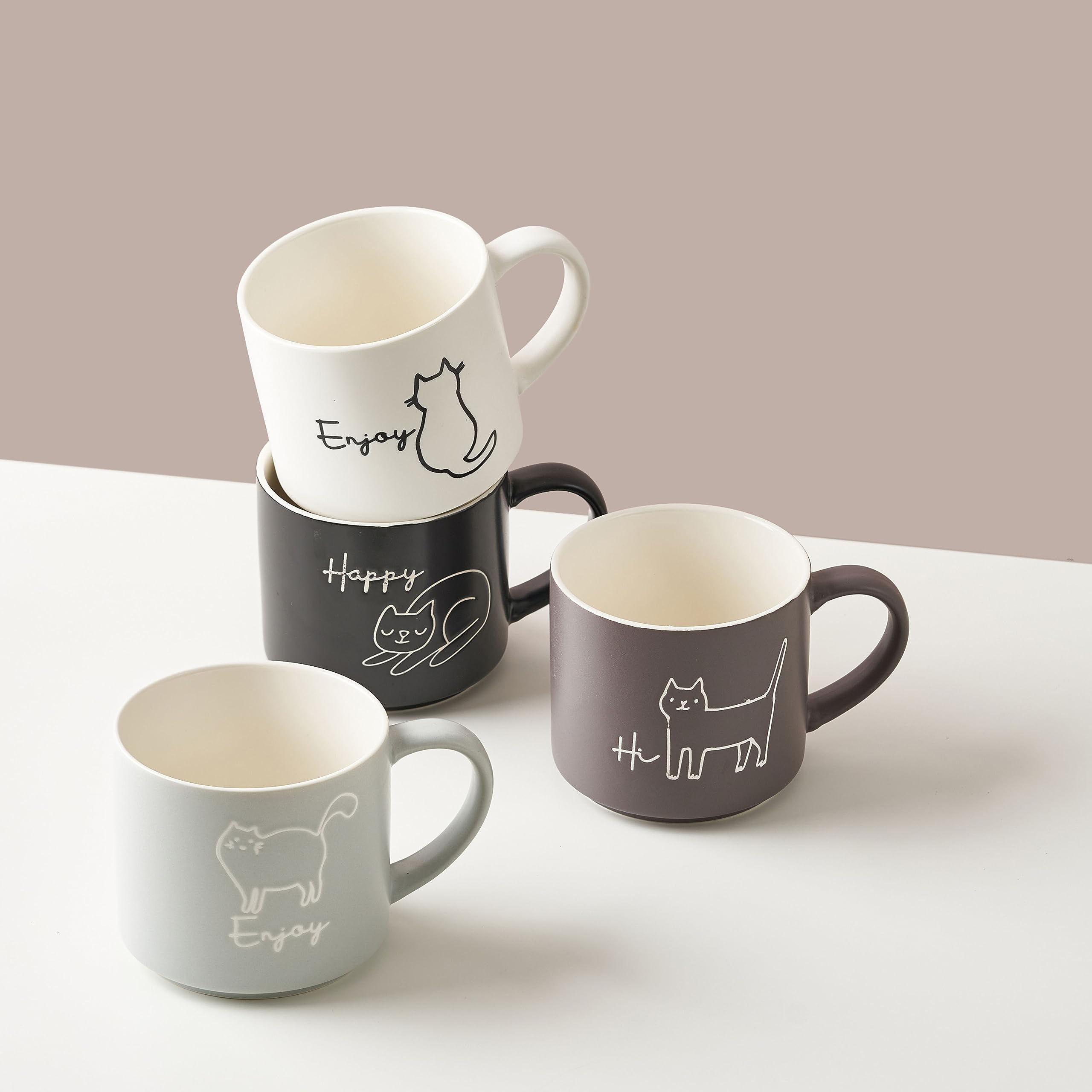 Divitis Home 18oz Stackable Coffee Mugs Set of 4 - Premium Bone China Tea & Coffee Cups for Home, Office, or Gifts (Kitten Design) - Perfect for Morning Coffee, Afternoon Tea, or Decorating Your Kitchen
