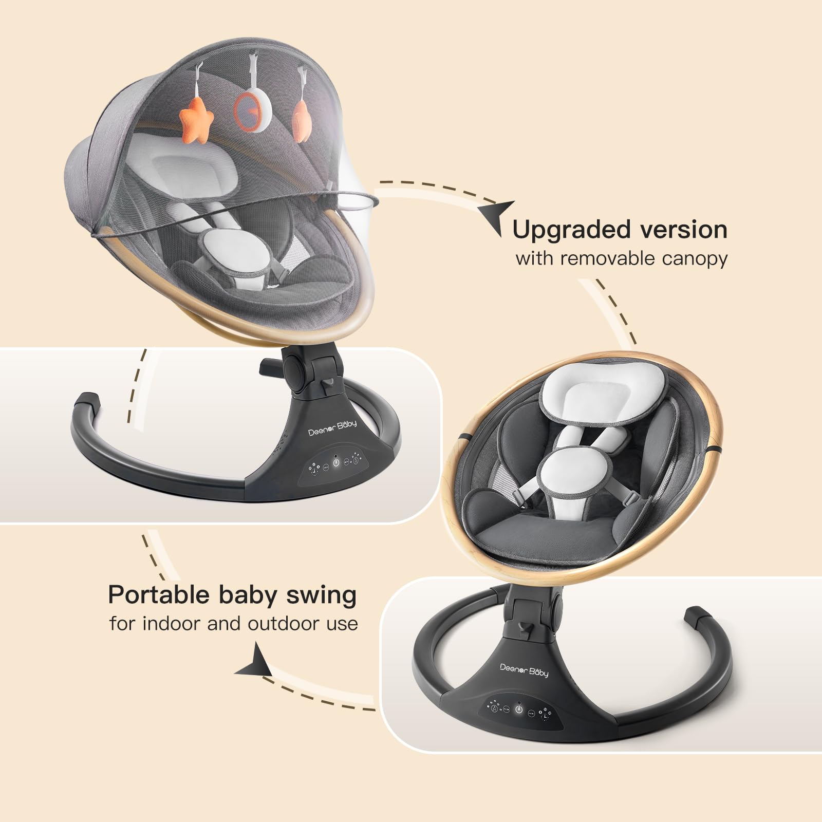 Baby Swing for Newborns to Toddlers - Electric Infant Swing with 5 Speed Settings, Adjustable 5-Point Safety Harness & 3 Reclining Positions (Gray) - Perfect for Nursery, Bedroom or Living Room Soothing & Playtime