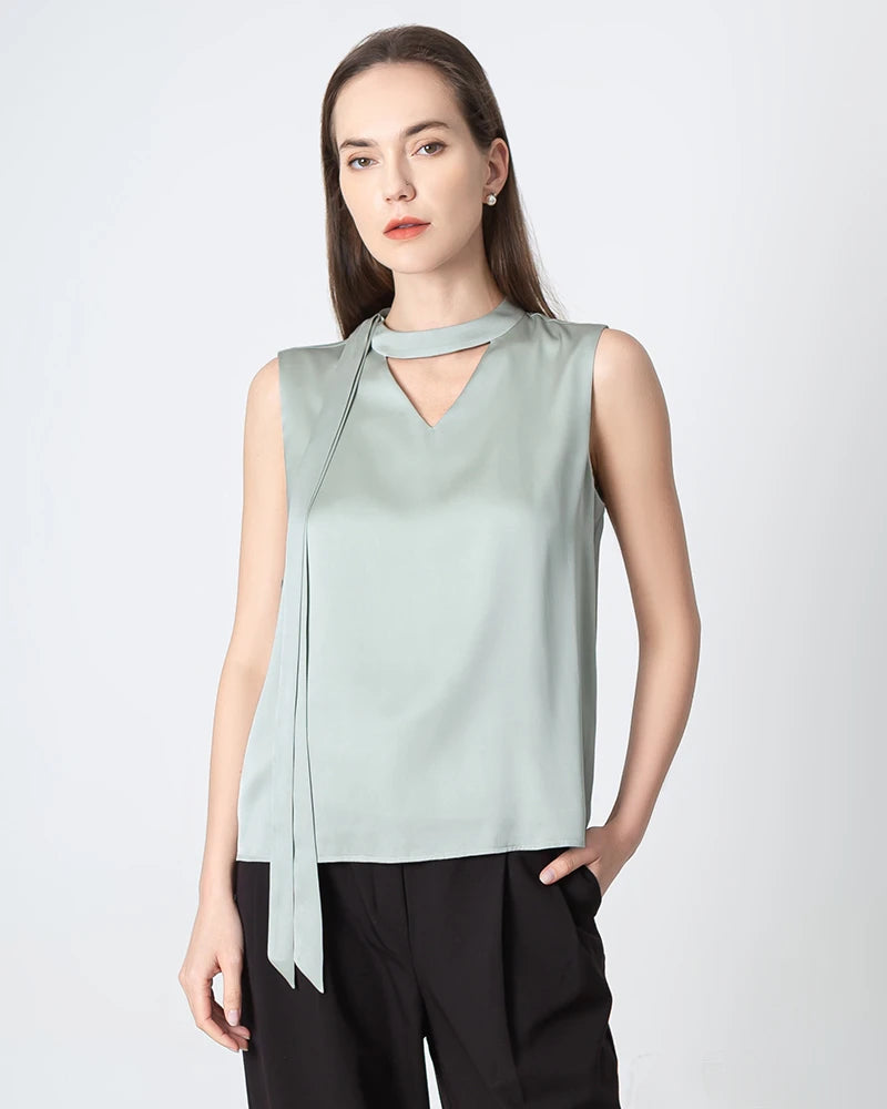 Elegant V-Neck Tie Front Sleeveless Silk Blouse for Women - Perfect for Office Wear, Date Night & Special Occasions