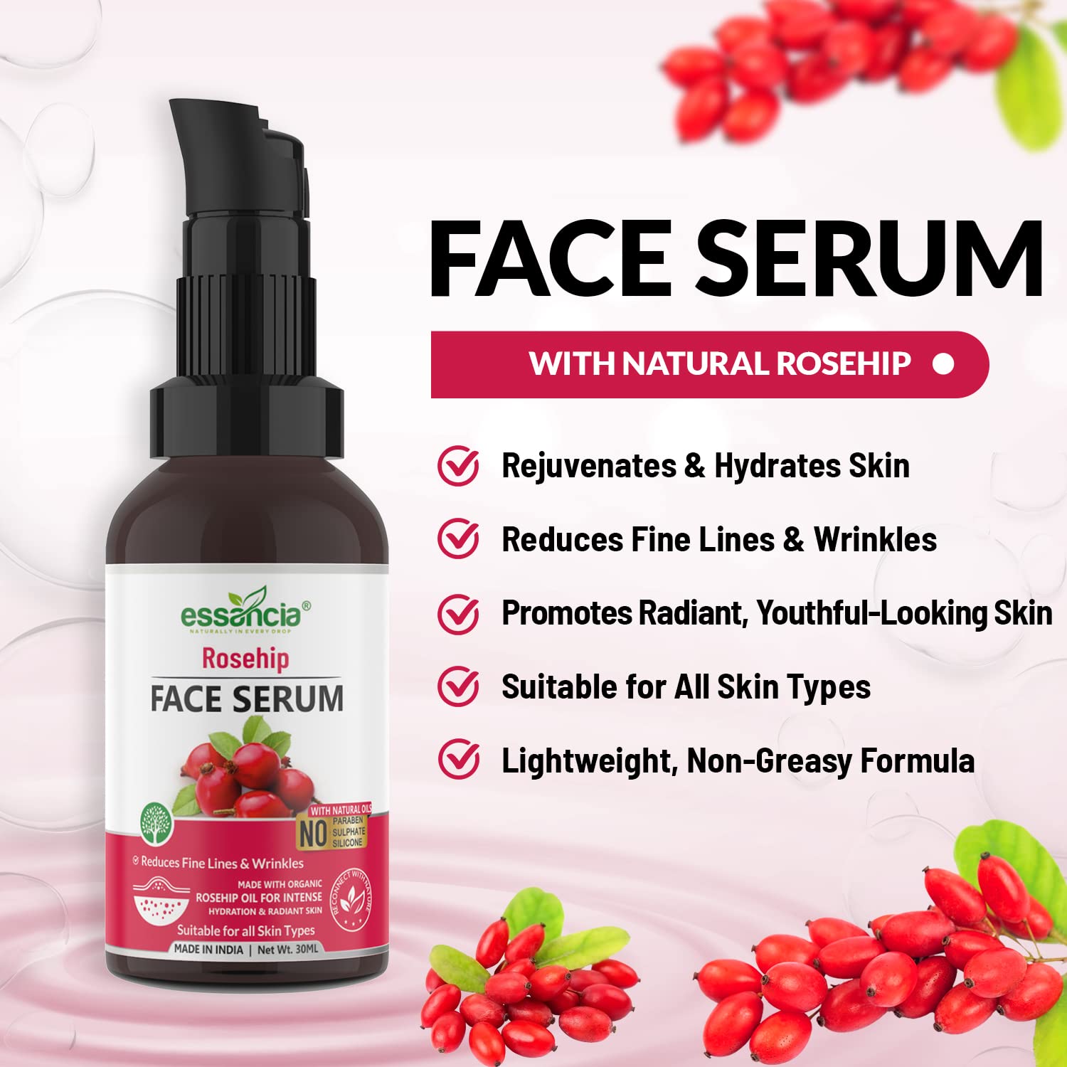 Essencia Rosehip Face Serum for Radiant & Youthful Skin - 30ml Sulfate-Free, Paraben-Free Anti-Aging Facial Treatment for Men & Women - Perfect for Daily Skincare Routine & Nighttime Hydration