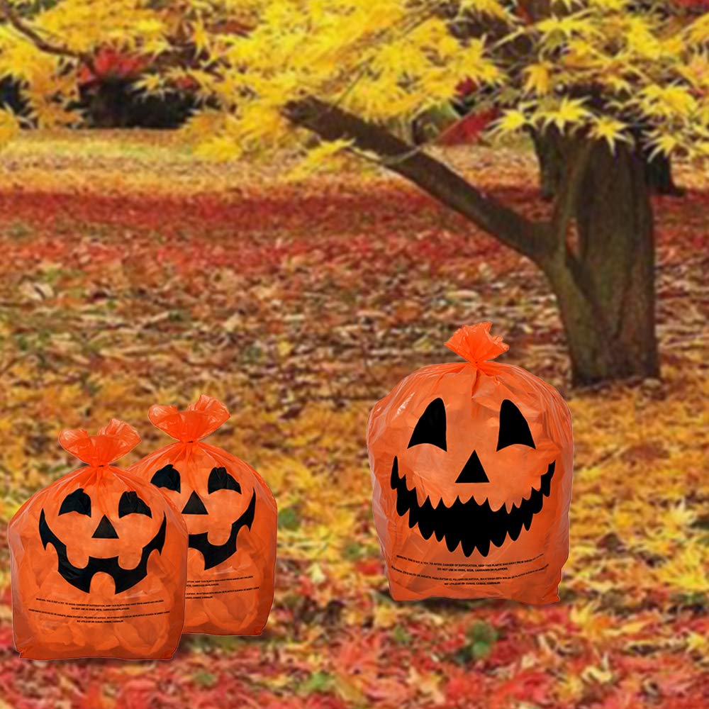 KINREX Halloween Pumpkin Leaf Bags - 3 Pack Orange Plastic Lawn Bags with Twist Ties for Fall Yard Decor | Jack O' Lantern Outdoor Trash Bags | Perfect for Autumn Leaf Cleanup & Spooky Halloween Decorations