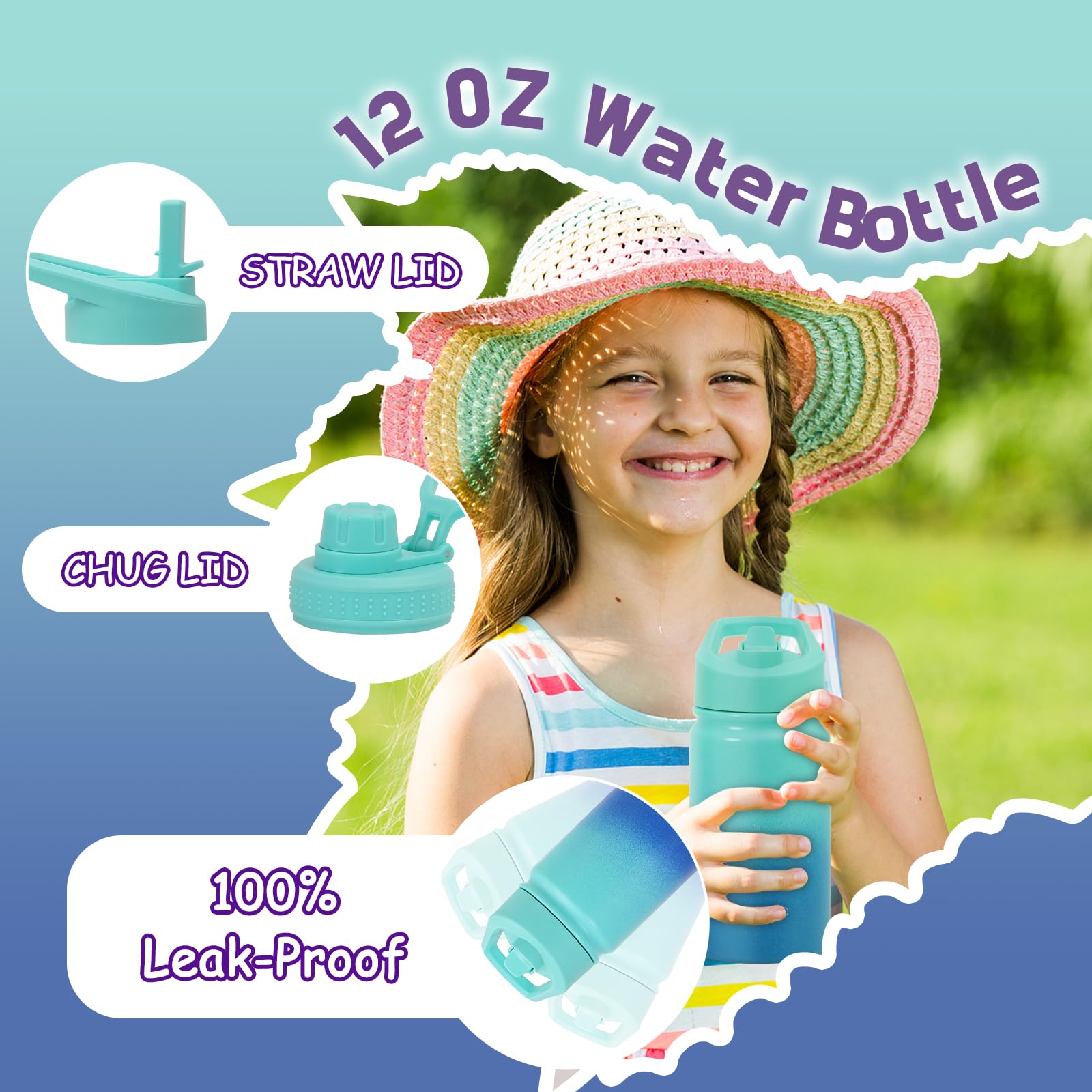 Mininoo 12oz Insulated Kids Water Bottle - Stainless Steel with Straw & Chug Lid for School & Outdoor