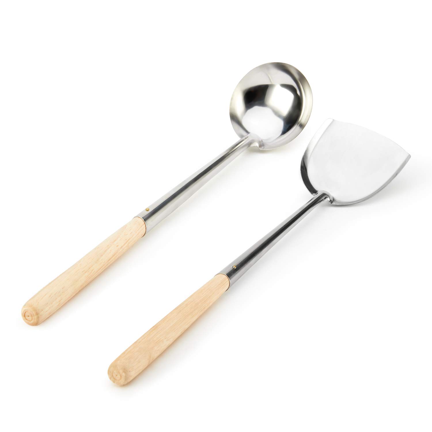 Premium Wooden Bamboo Wok Spatula and Ladle Set - Stainless Steel Kitchen Utensils for Stir-Frying, Cooking & Serving - Perfect for Asian Cuisine, Home Chefs & Restaurant Use