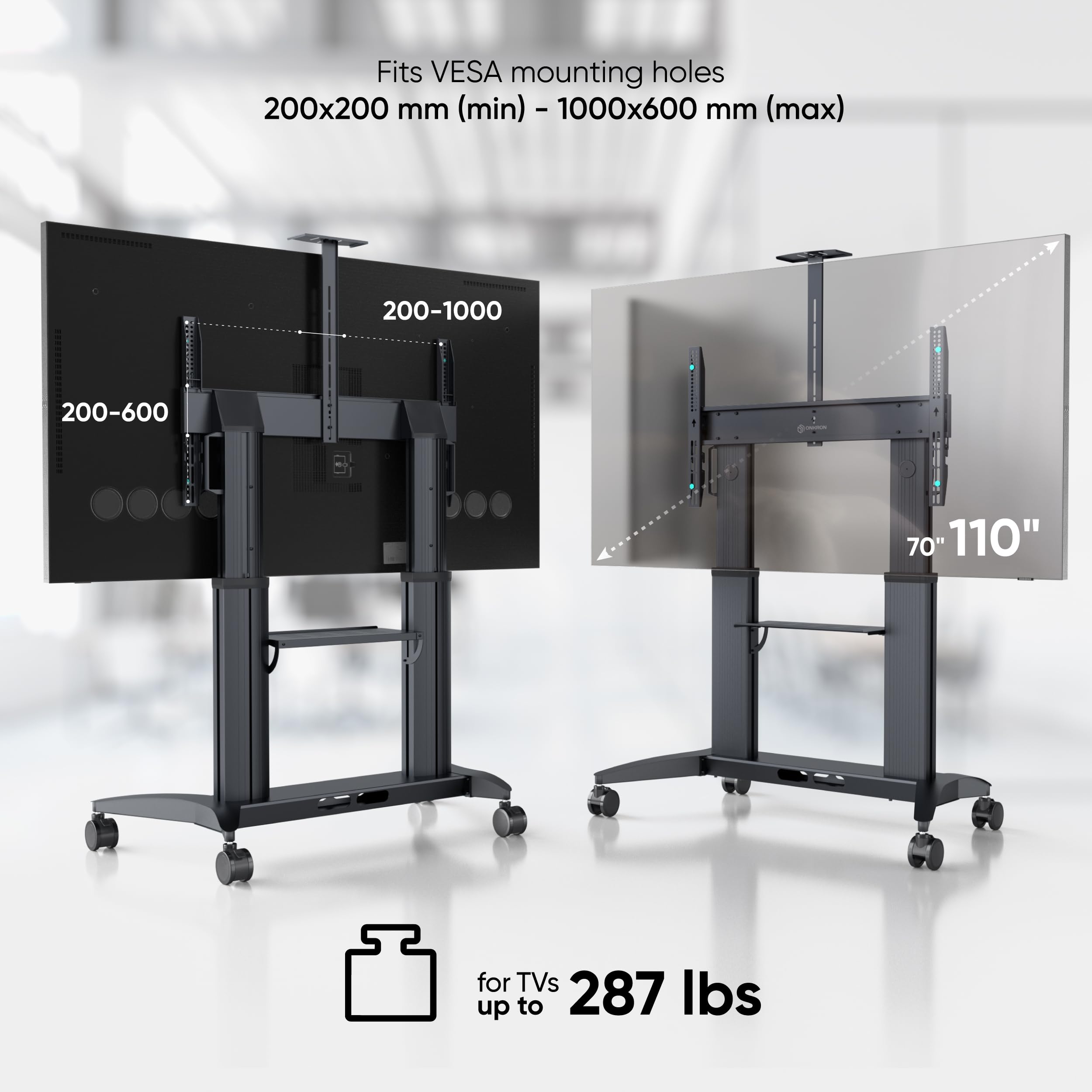 Heavy Duty Mobile TV Stand on Wheels for 70-110 Inch TVs up to 320 lbs - Adjustable Height TV Cart with Shelf & Aluminum Columns, Max VESA 1000x600 - Perfect for Living Rooms, Home Theaters & Commercial Use - Portable Black Rolling TV Stand