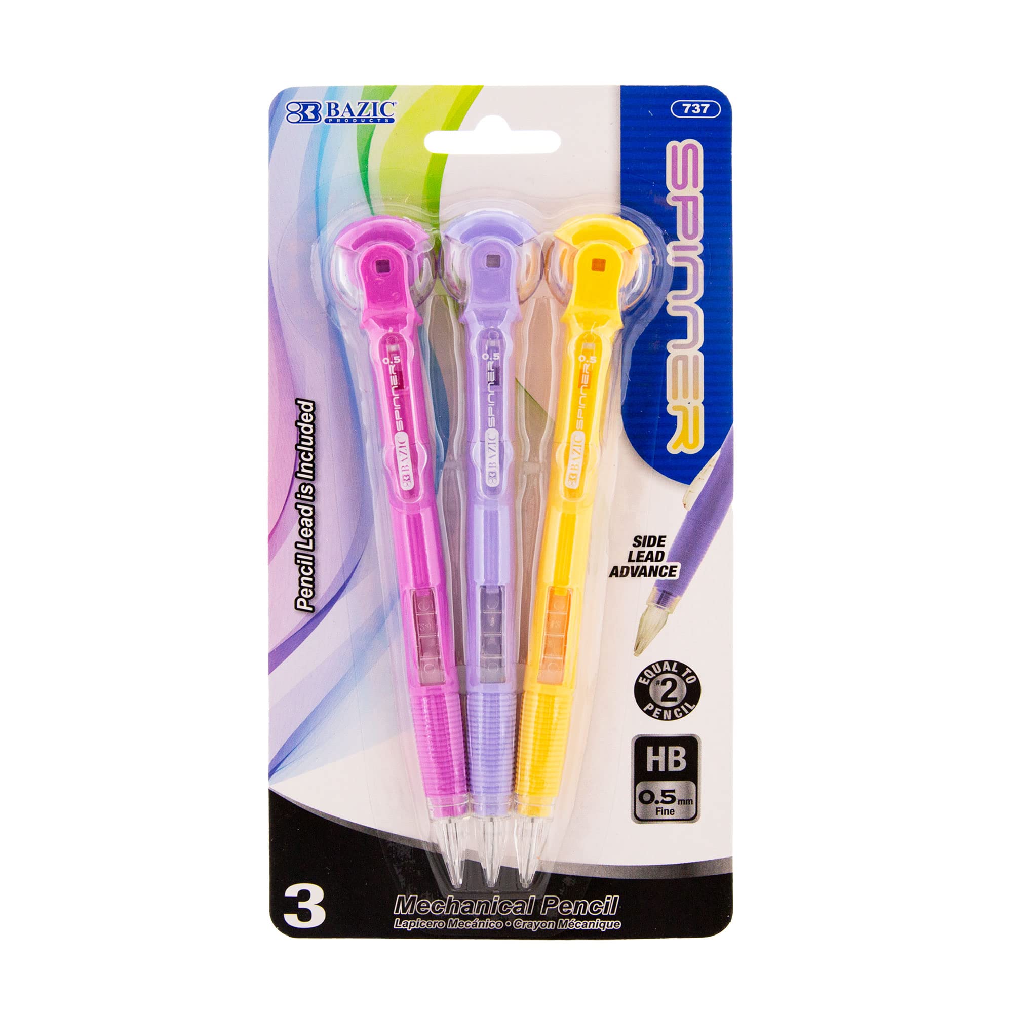 BAZIC 0.5mm Mechanical Pencil with Spinner & Eraser for Drawing, Sketching, Office & School Use (3-Pack)