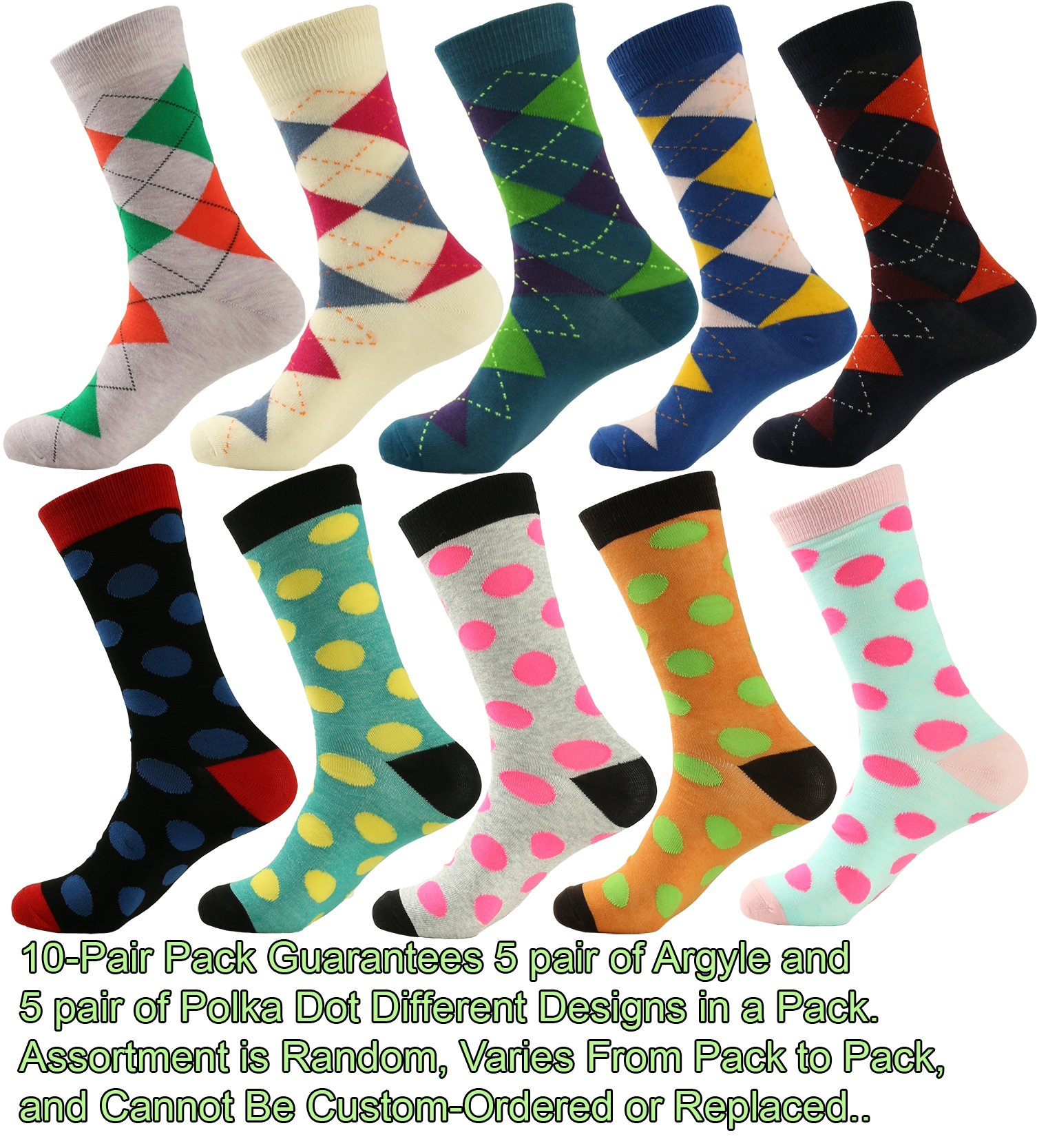 Premium Men's Dress Socks 10-Pack - Stylish Argyle & Polka Dot Pattern Formal Socks for Business, Office & Wedding Attire
