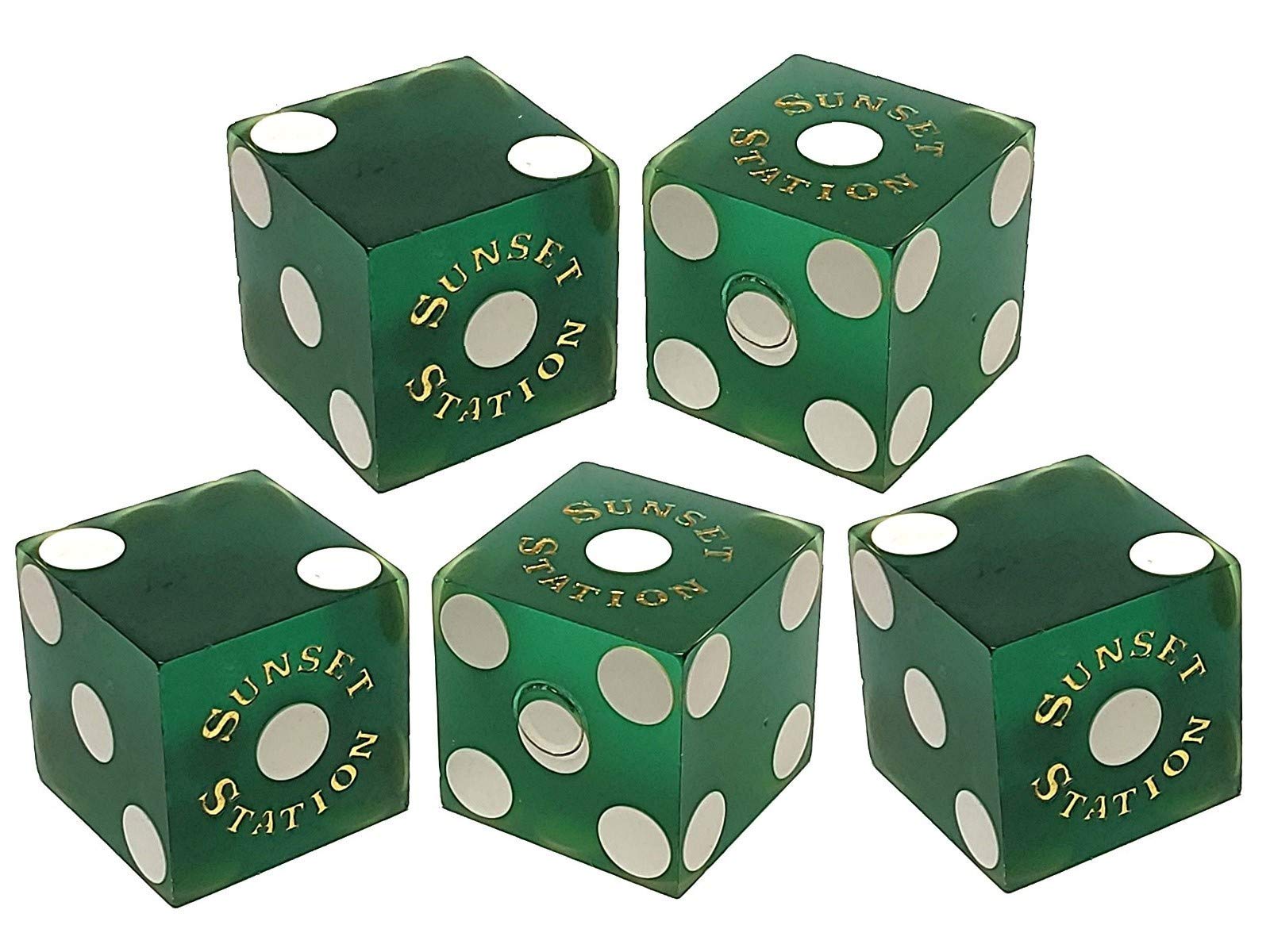 Premium Set of 5 Las Vegas Casino 19mm Professional Craps Dice with Clear Acrylic Dice Boat & Black Velvet Pouch - Sunset Station Green Frosted Edition for Casino Games, Gambling, Board Games & Tabletop Gaming