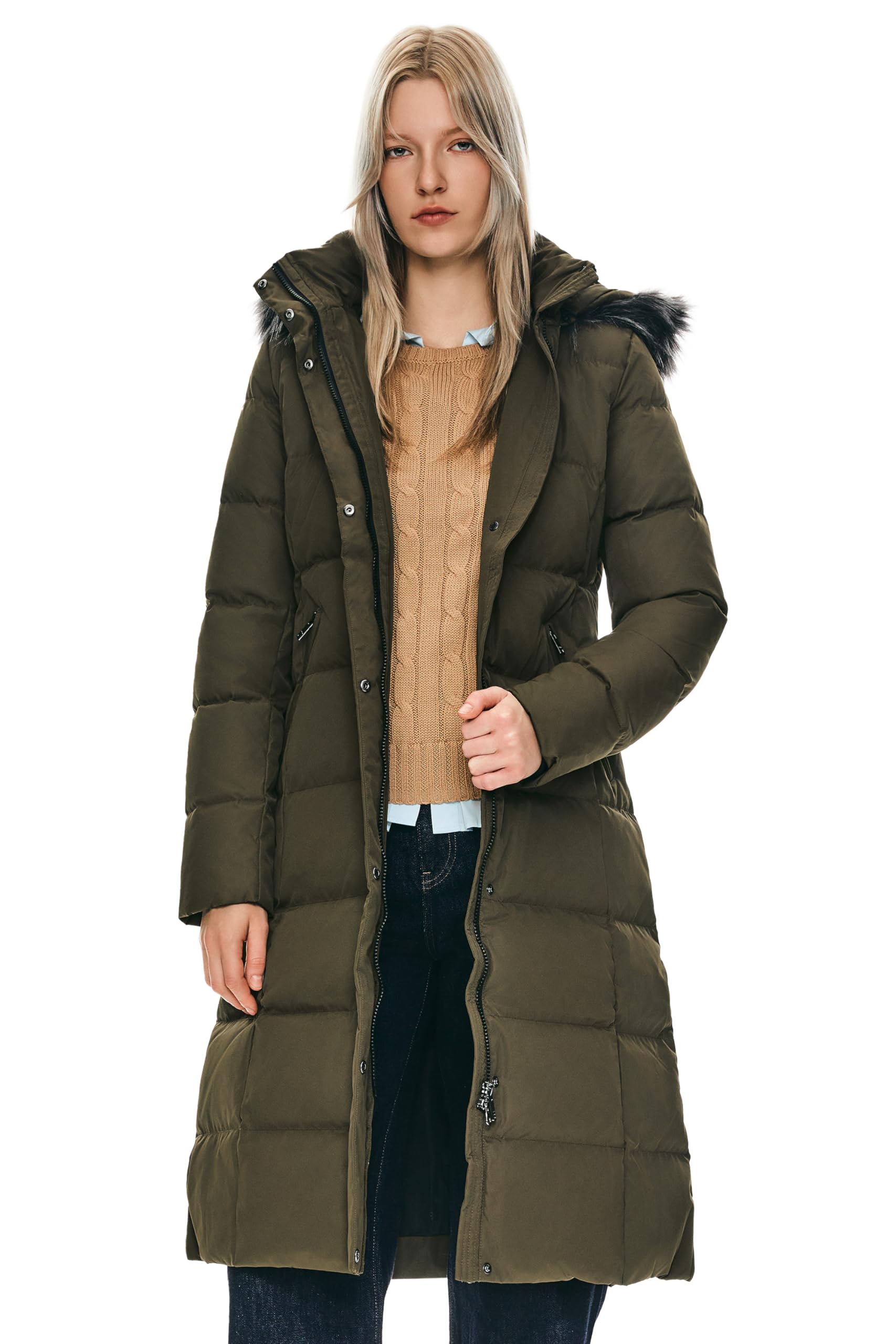 Orolay Women's Quilted Down Jacket - Winter Long Coat with Hood & Stand Collar - Warm Waterproof Parka for Outdoor Activities, Skiing, and Cold Weather Fashion