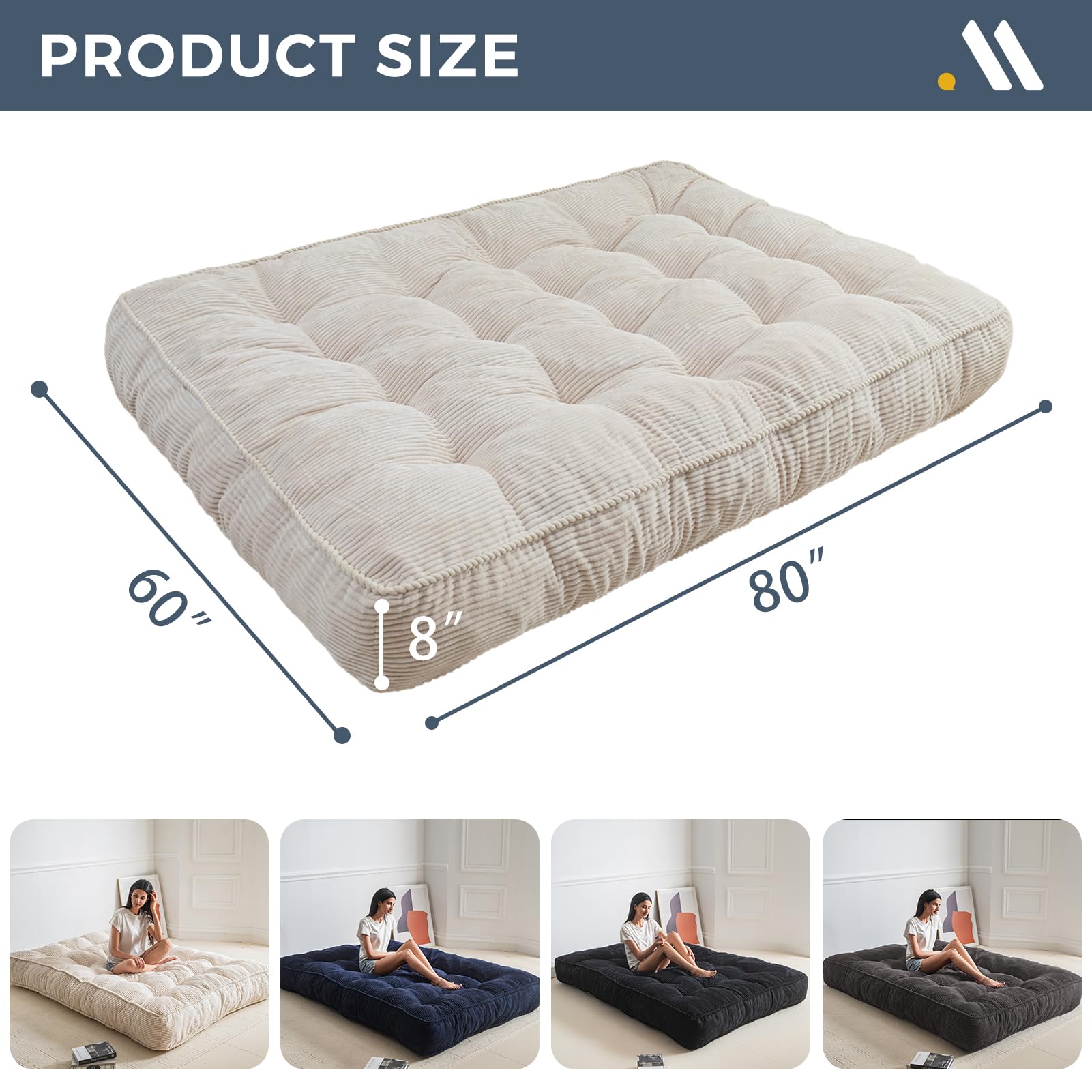 MAXYOYO 8 Inch Tufted Futon Sofa Bed - Thick Corduroy Fabric Floor Mattress for Adults (Mattress Only), Beige - Perfect for Small Spaces, Guest Rooms & Dorm Rooms